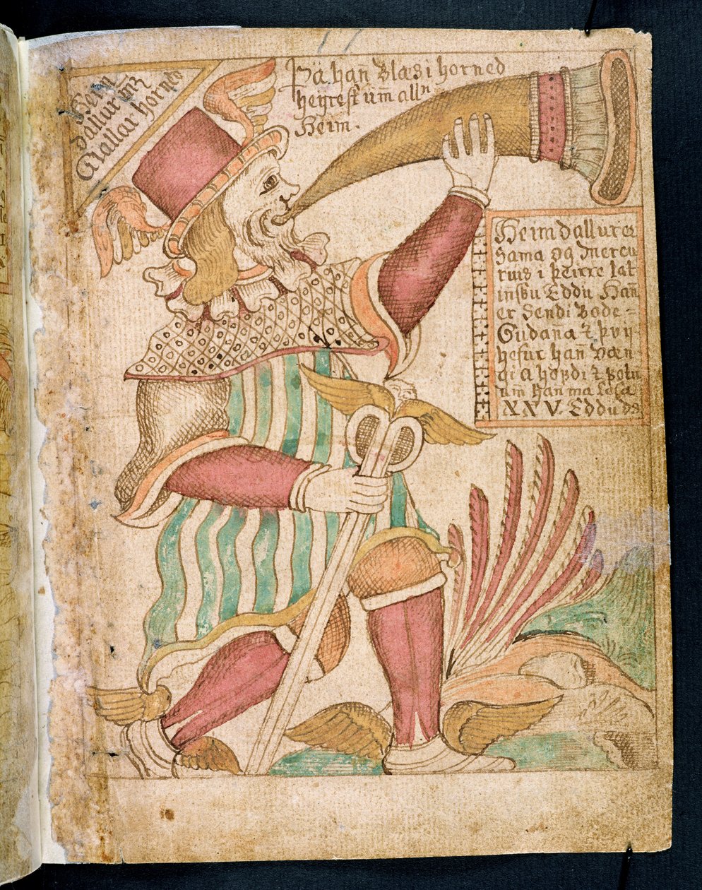 Heimdal يفجر قرنه قبل Ragnarok ، من Melsteds Edda (قلم وحبر ومرحاض على ورق) بواسطة المدرسة الآيسلندية