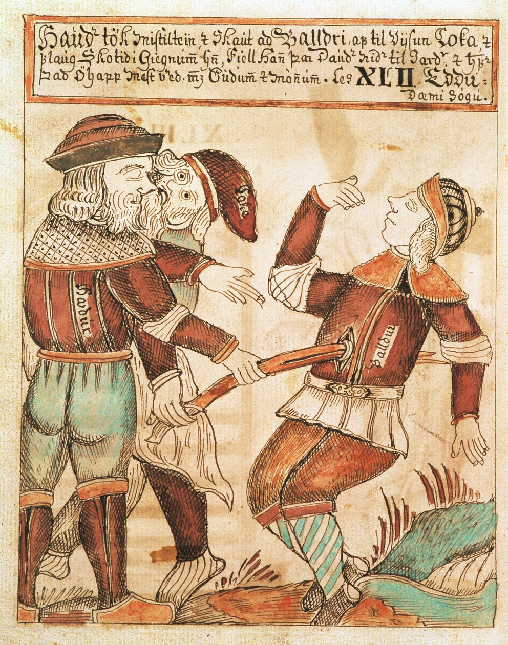 Ny Kgl Saml 1867.4، s.95v The Killing of Balder (قلم حبر وألوان مائية على ورق) (انظر أيضًا 169947) بواسطة المدرسة الآيسلندية