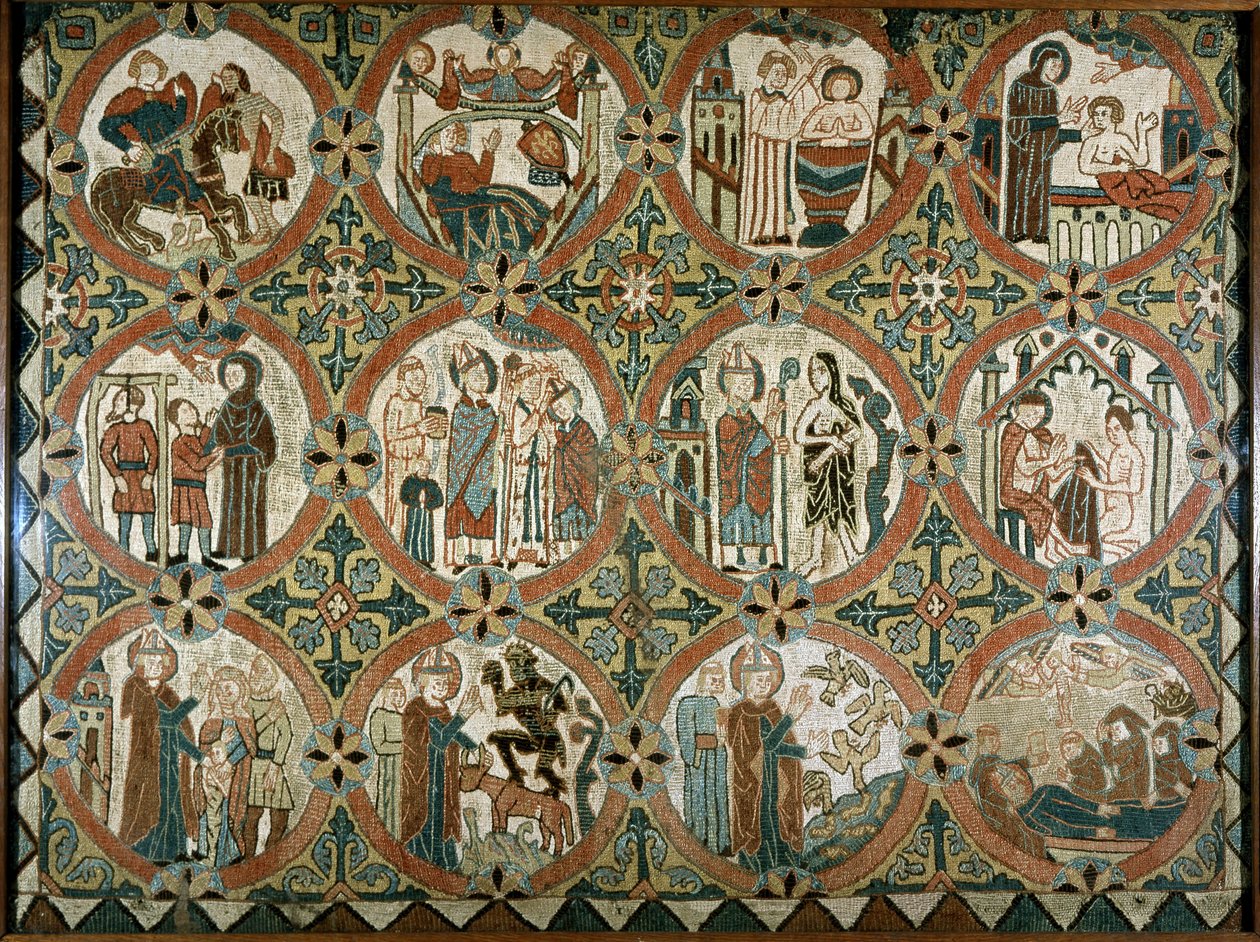 St. Martin of Tours - Altar siding: scenes from the history of Saint Martin of Tours - 12 scenes from the life of Saint Martin - Iceland, embroidery بواسطة المدرسة الآيسلندية
