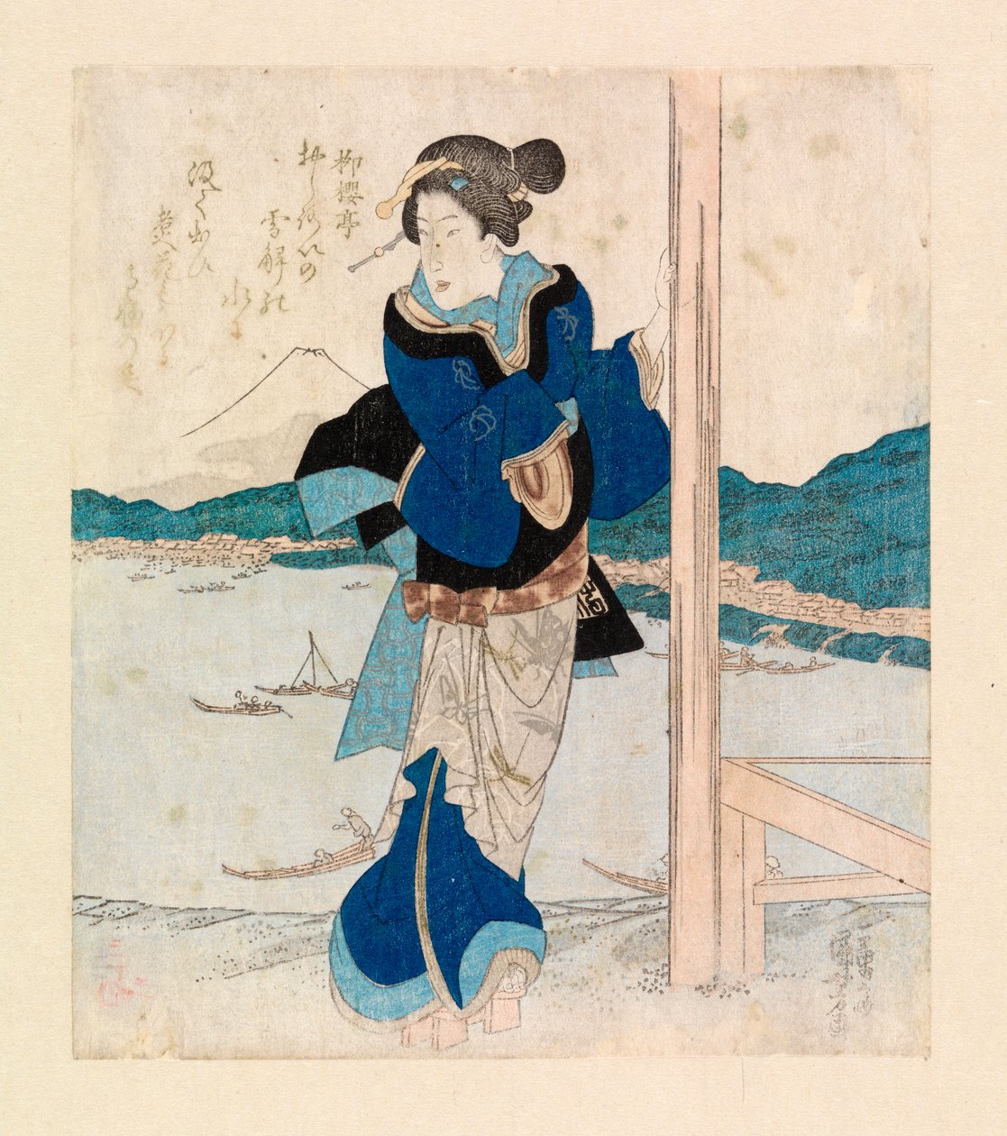 الجيشا على شرفة جناح شجرة الكرز، حوالي 1830 (نقش خشبي ملون) بواسطة Ichiyusai Kuniyoshi