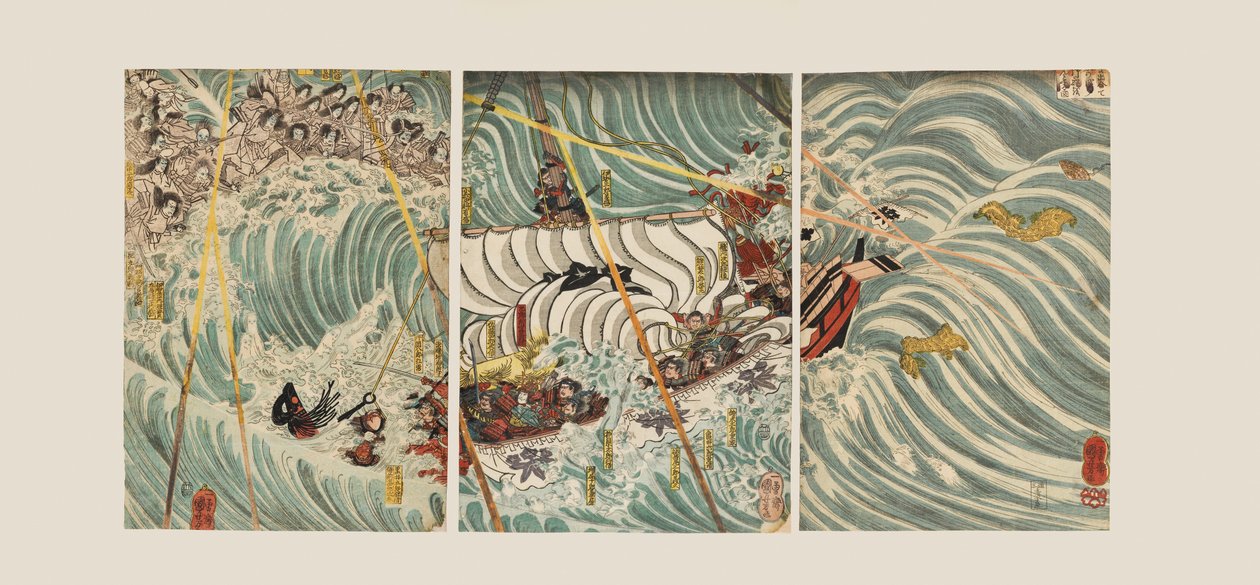أشباح تايرا تهاجم سفينة يوشيتسون بواسطة Ichiyusai Kuniyoshi