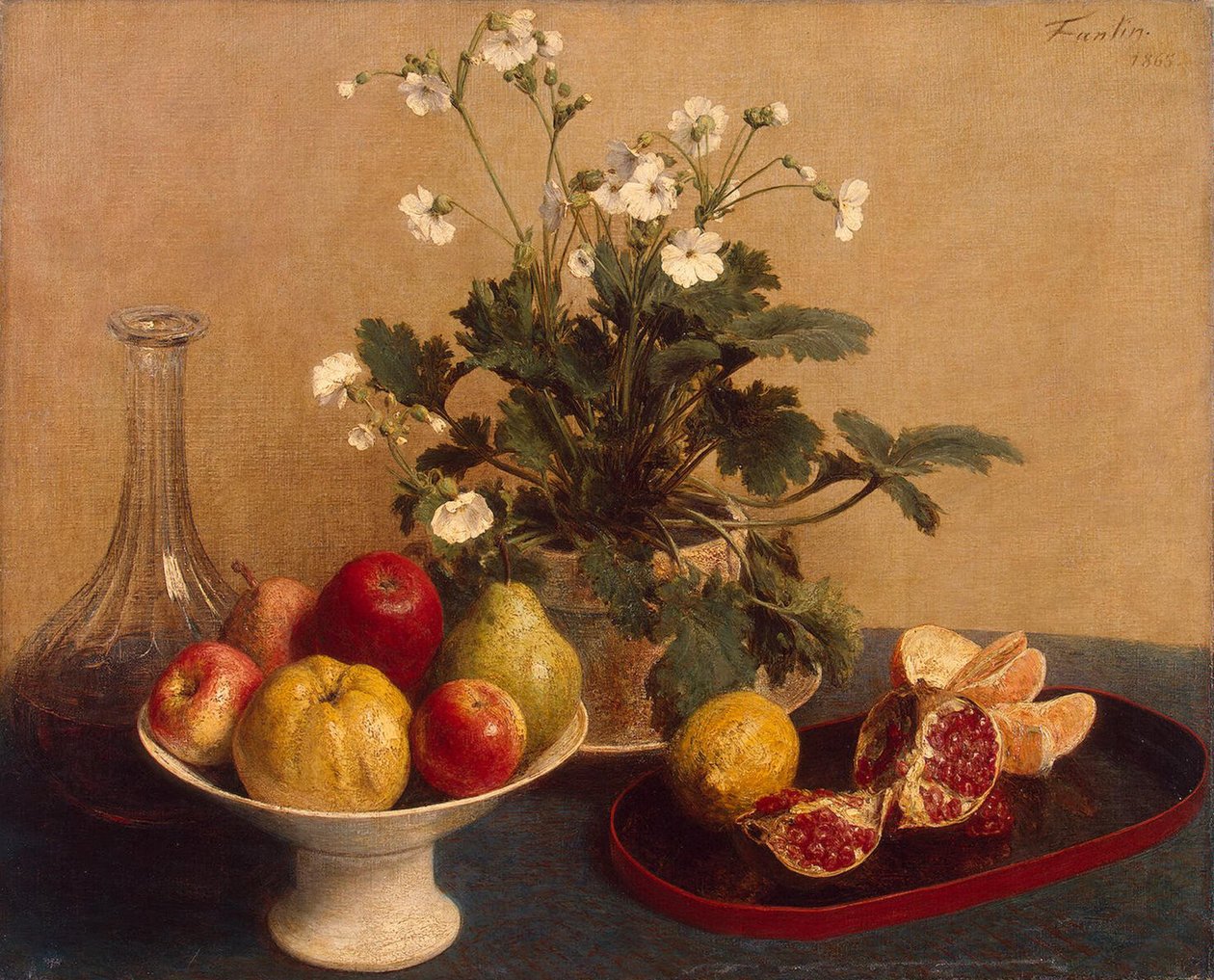 زهور ، طبق بالفواكه و إبريق ، 1865 بواسطة Ignace Henri Jean Fantin Latour