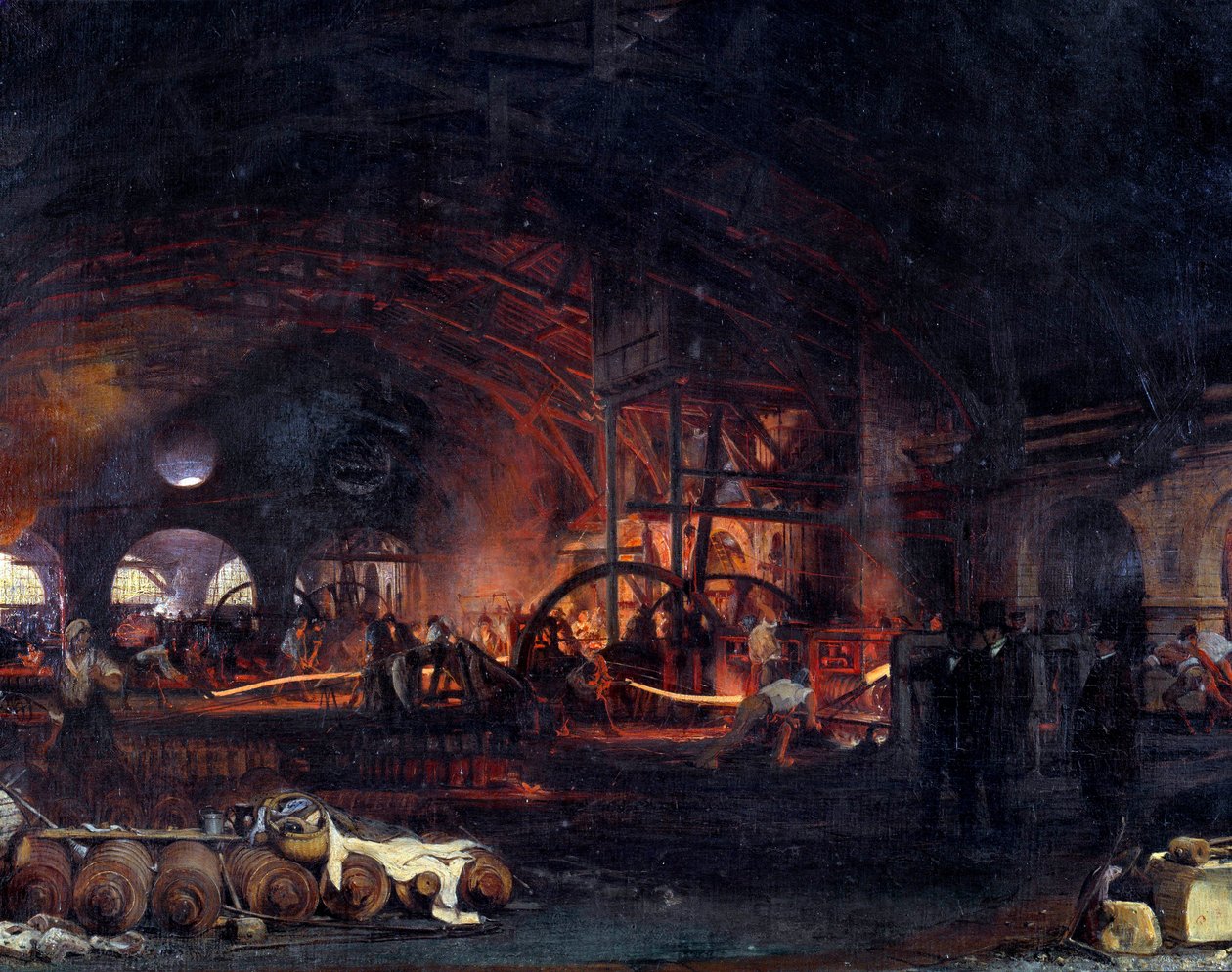 الثورة الصناعية: "" La grande forge de Fourchambault "" تفاصيل لوحة فرانسوا بونهوم (1809-1881) 1839. فورشامبولت بواسطة إجناس فرانسوا بونهوم
