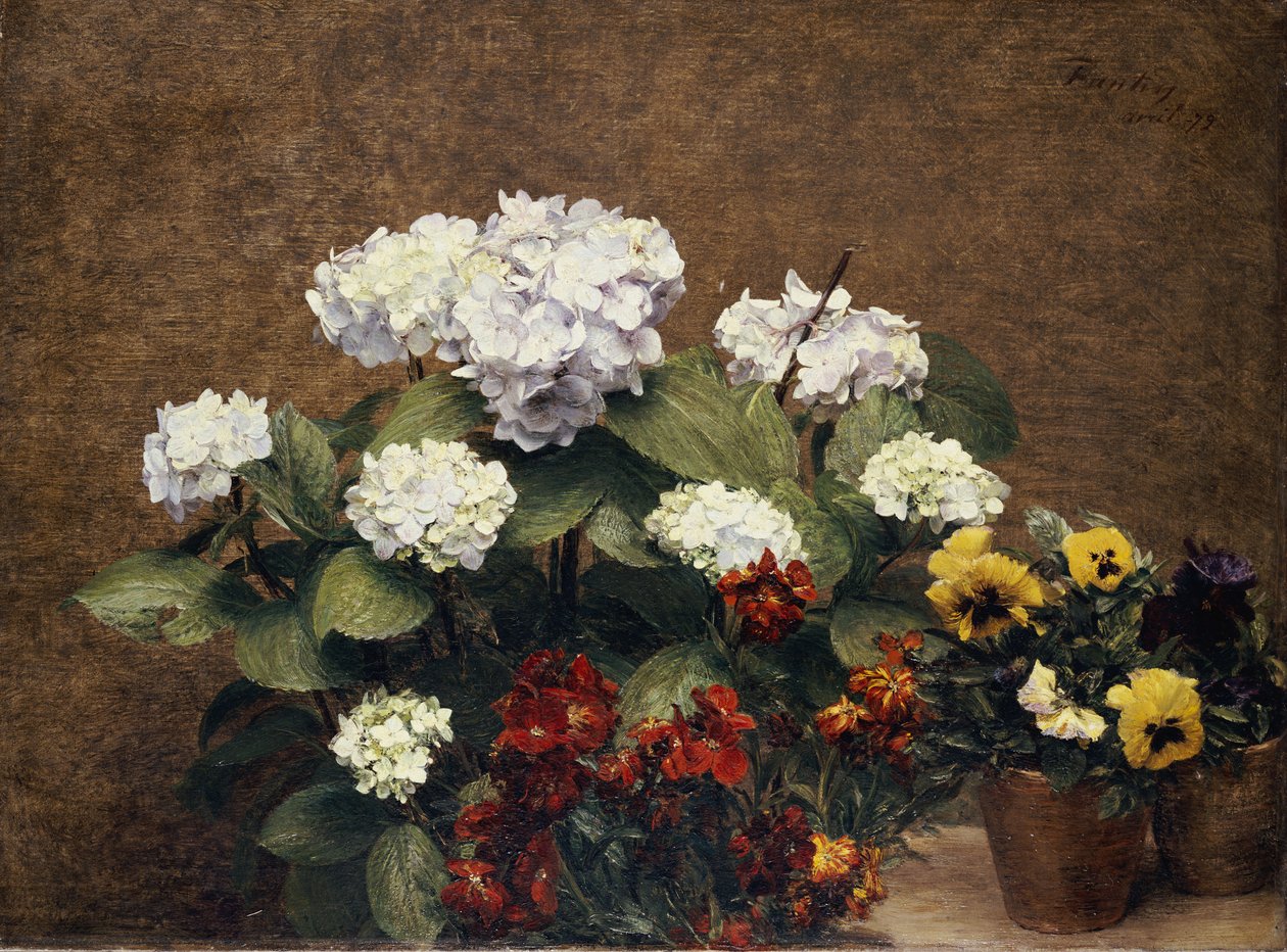 Hortensias والأسهم مع اثنين من أواني الزهور ، 1879 بواسطة Ignace Henri Jean Fantin Latour