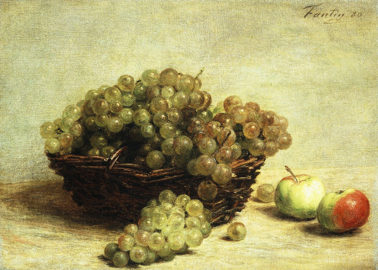 الحياة الساكنة ، الزبيب والتفاح في سلة ؛ Nature Morte، Raisin et Pomme d "Api، 1880 بواسطة Ignace Henri Jean Fantin Latour