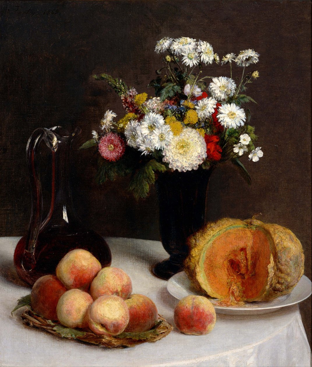 الحياة الساكنة مع الدورق ، الزهور والفواكه ، 1865 بواسطة Ignace Henri Jean Fantin Latour