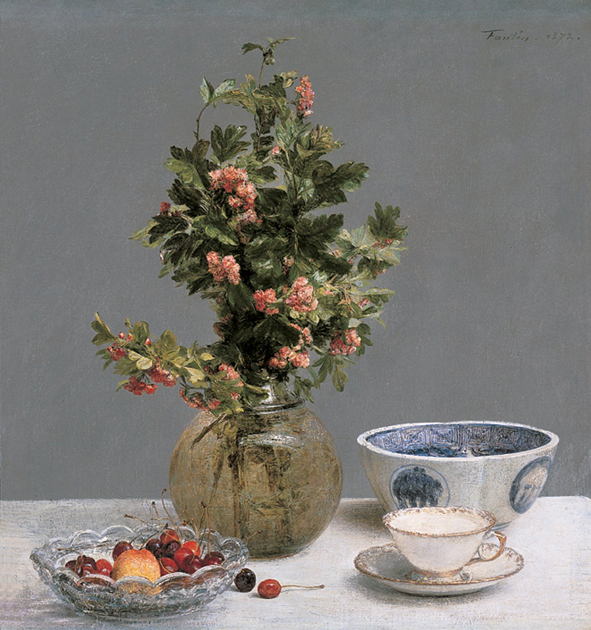لا تزال الحياة مع إناء من الزعرور ، وعاء من الكرز ، وعاء ياباني ، وكأس وصحن بواسطة Ignace Henri Jean Fantin Latour