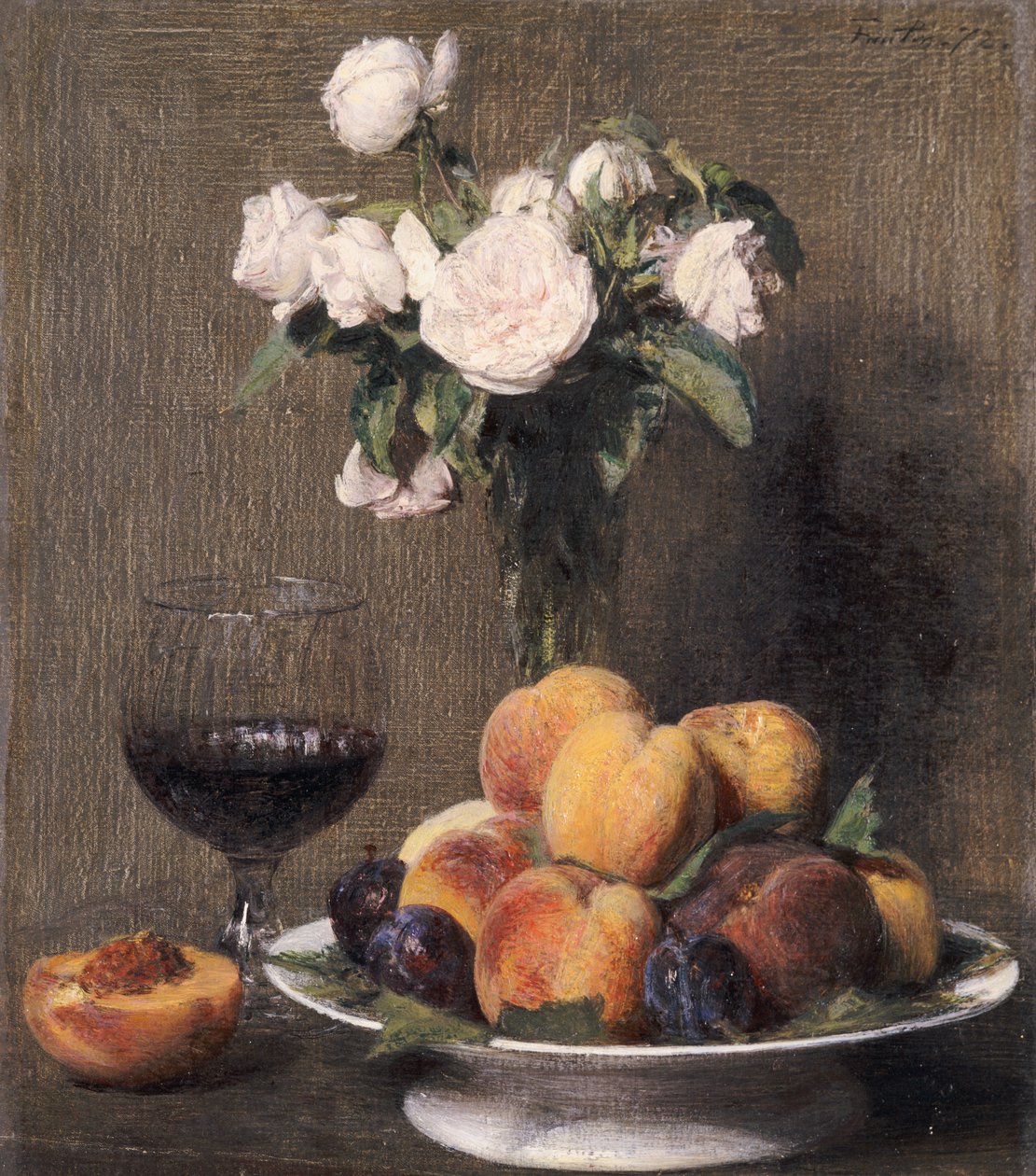 لا تزال الحياة مع الورود والفواكه وكأس من النبيذ ، 1872 بواسطة Ignace Henri Jean Fantin Latour