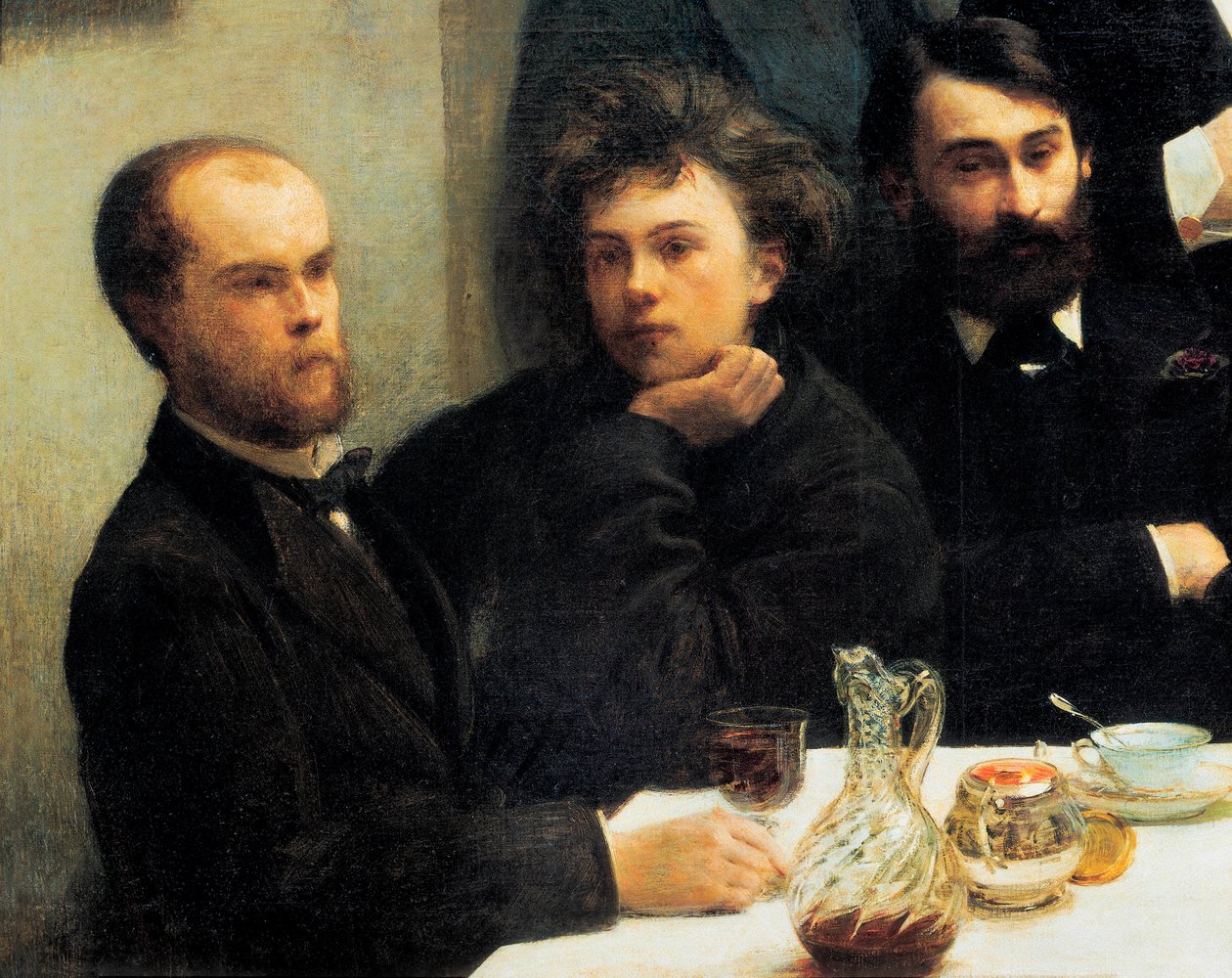 Table corner: from left to right: Paul Verlaine, Arthur Rimbaud, Elzear Bonnier. (Painting,19th century) بواسطة Ignace Henri Jean Fantin Latour