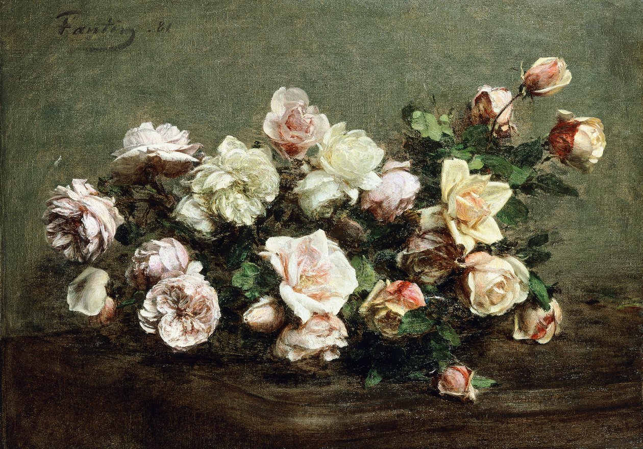 إناء من الورود البيضاء على الطاولة. إناء من الورود البيضاء والورود على الطاولة ، بواسطة Ignace Henri Jean Fantin Latour