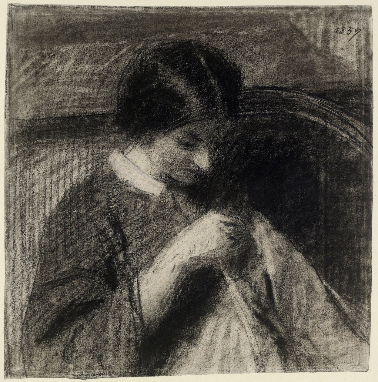 خياطة المرأة (فحم مع جدع ومسح ، ولمس بالطباشير البيضاء على ورق أبيض) بواسطة Ignace Henri Jean Fantin Latour