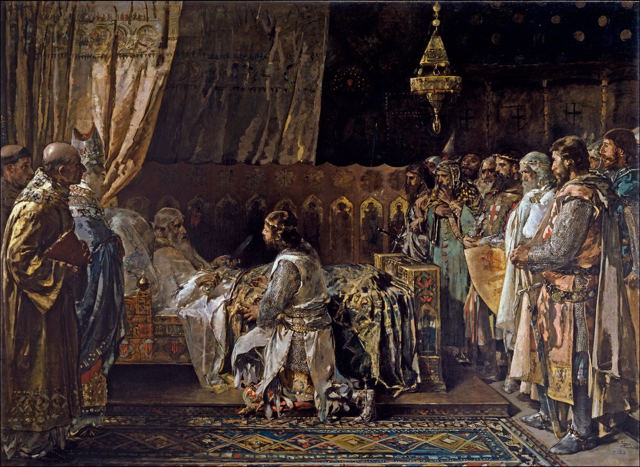 قال جيمس الأول من أراغون أن الفاتح (1208-1276) أعطى سيفه لابنه بيتر الثالث من أراغون قال العظيم (1240-1285) - الملك جيمس الأول الفاتح يعطي سيفه لابنه بيدرو - بقلم بينازو كامارلينش ، إجناسيو (1849-1916) بواسطة إجناسيو بينازو كامارليتش