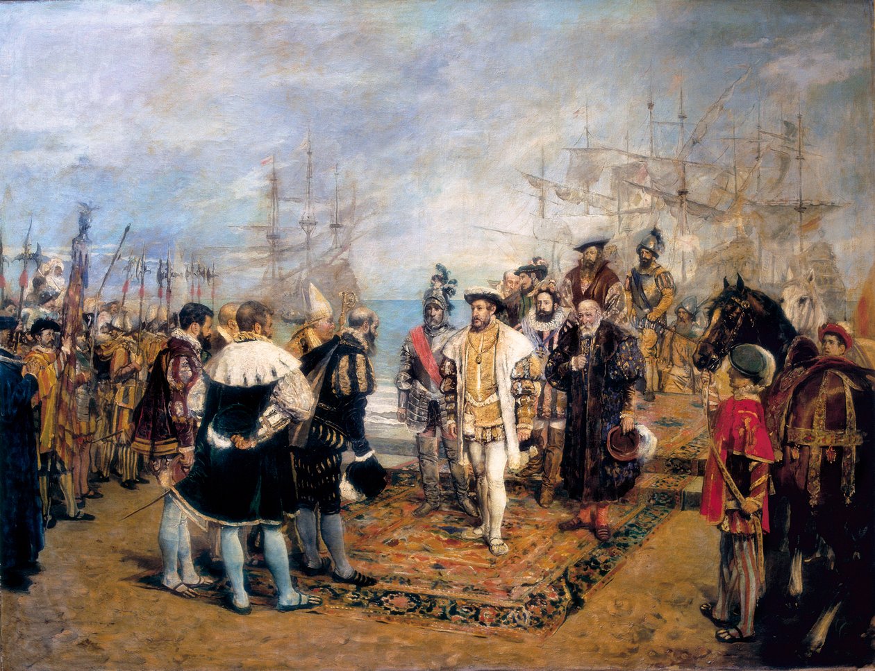 إنزال فرانسوا الأول (1494-1547) في ميناء فالنسيا (إسبانيا). لويس فيلاراسا دي كافانيليس (؟) ، حاكم المدينة ، يرحب بملك فرنسا. لوحة اجناسيو بينازو كامارلينش (1849-1916) ، زيت على قماش بواسطة إجناسيو بينازو كامارليتش