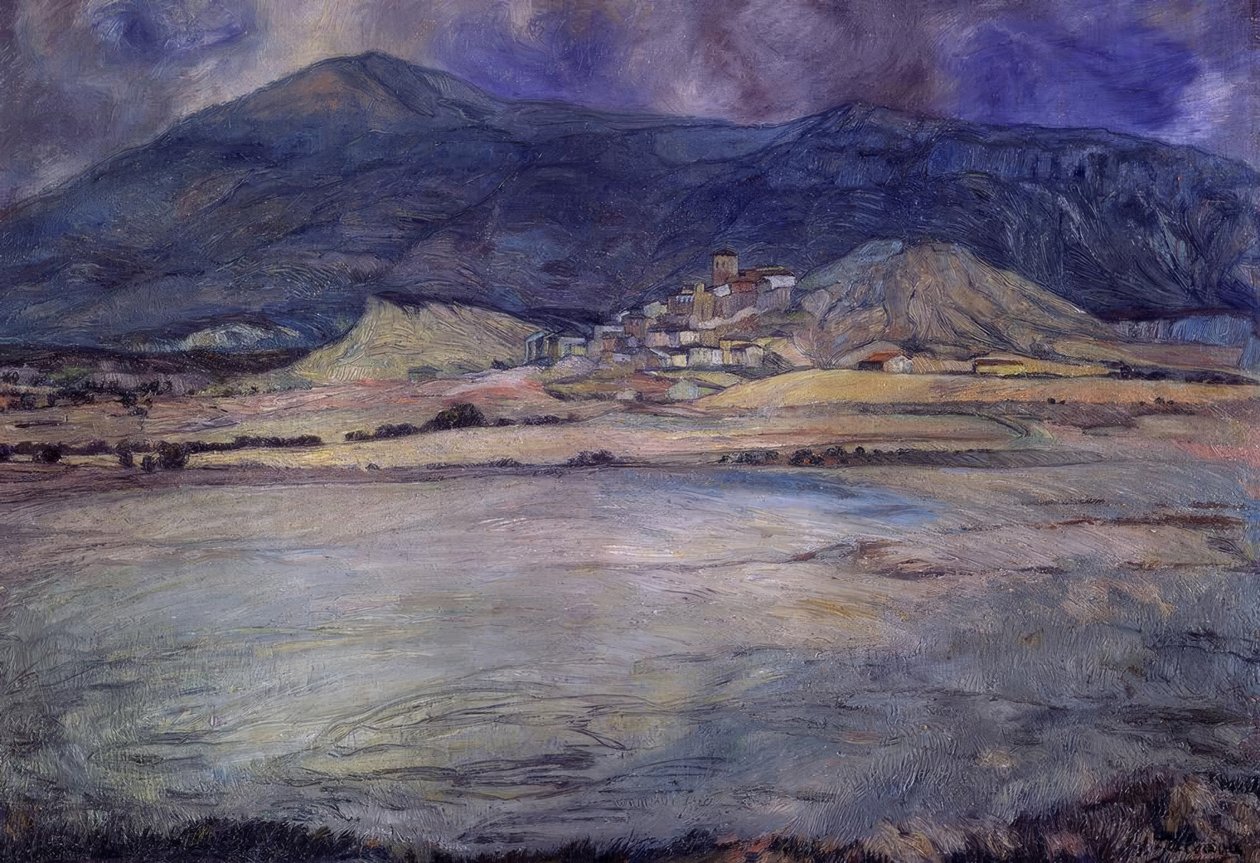 PUEBLO DE ZARAGOZA - ESCO - XX CENTURY - OLEO - LIENZO - 90 X 30 CMS بواسطة Ignacio Zuloaga y Zabaleta