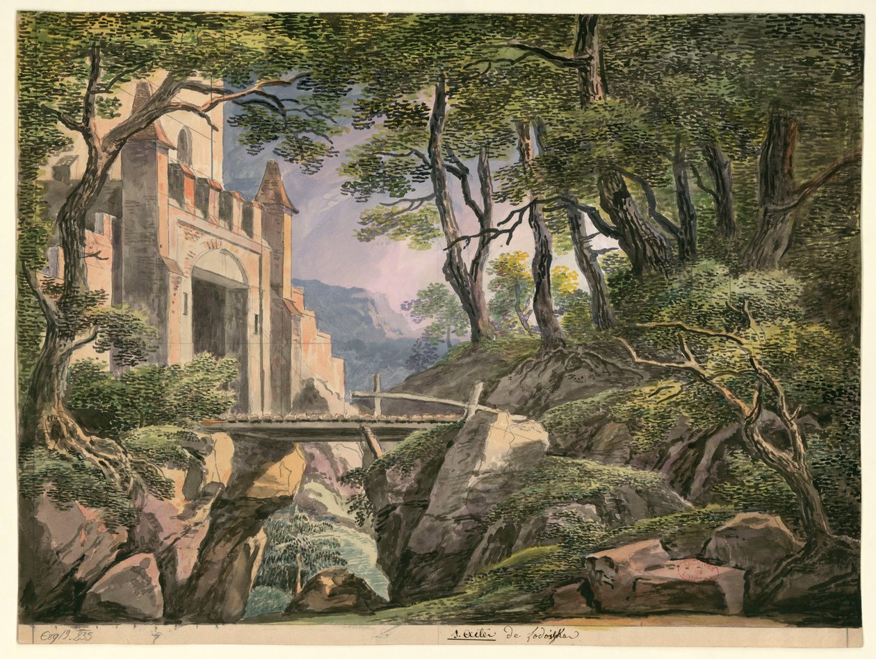 رسم تخطيطي لتزيين أول عمل ، أوبرا Lodoïska من Cherubini ، تم عرضه لأول مرة في مسرح Feydeau في باريس في 18 يوليو 1791 بواسطة اجناسيو ديغوتي