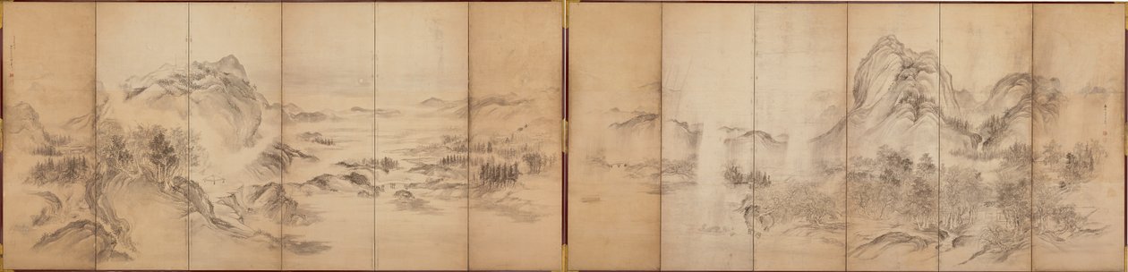 ماونتن فيوز ، خلفية شاشة سداسية ، فترة إيدو ، 1856-1858 (يغسل على الورق) بواسطة إيكيدا كوسون