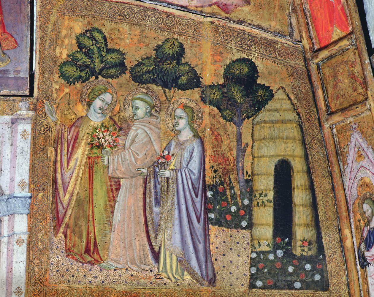 القديس فرنسيس يرافقه اثنان من الملائكة ، لوحة جدارية من Porziuncola ، 1393 بواسطة Ilario da Viterbo