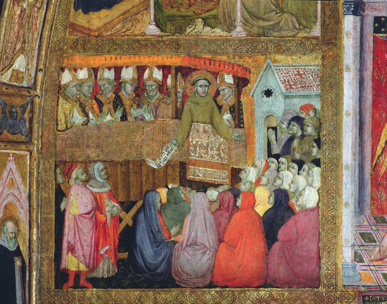 القديس فرنسيس يصدر التساهل ، يرافقه أساقفة أومبريا ، لوحة جدارية من بورزينكولا ، 1393 بواسطة Ilario da Viterbo