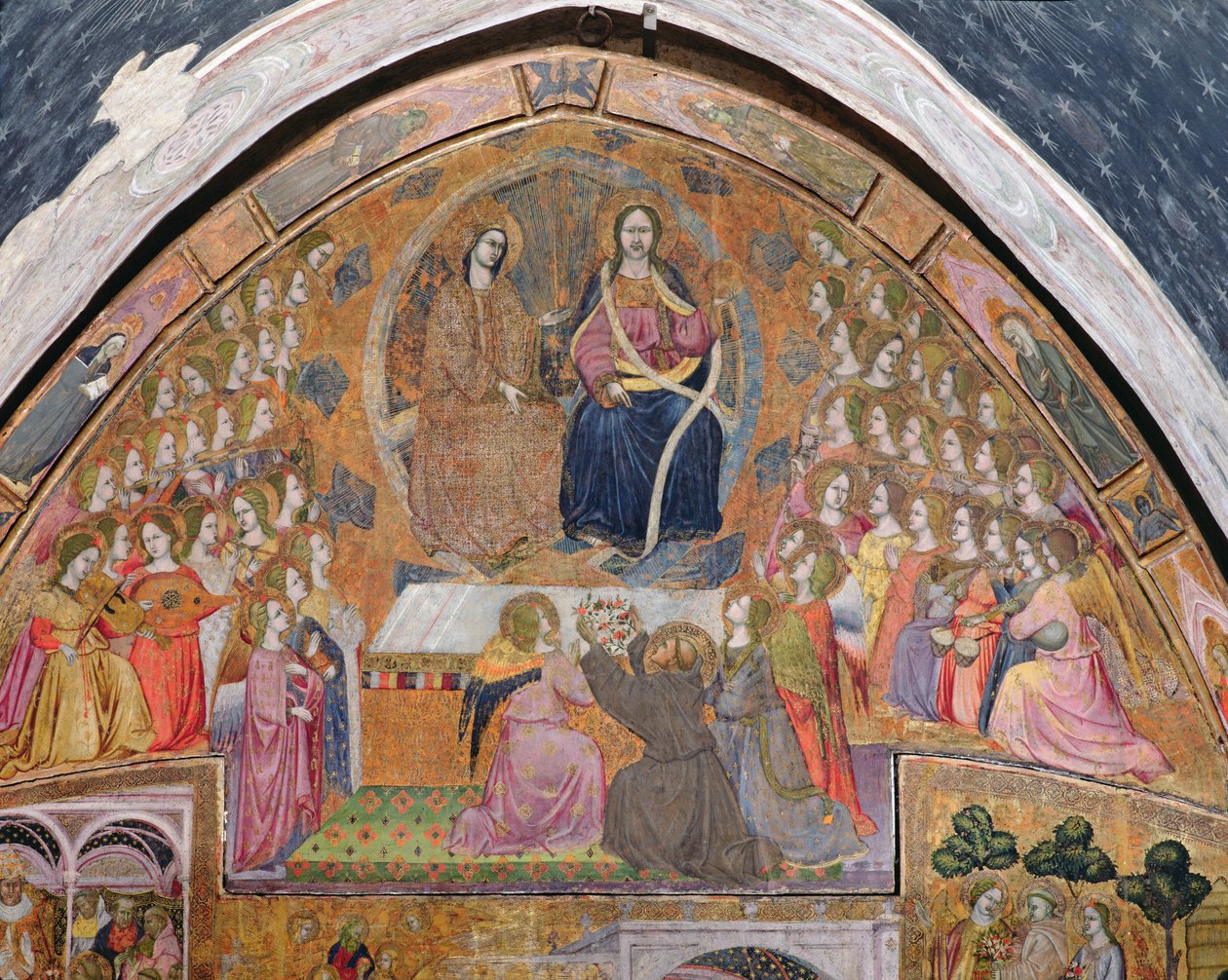 القديس فرنسيس يقدم الورود لظهور المسيح والعذراء ، فريسكو من Porziuncola ، 1393 بواسطة Ilario da Viterbo