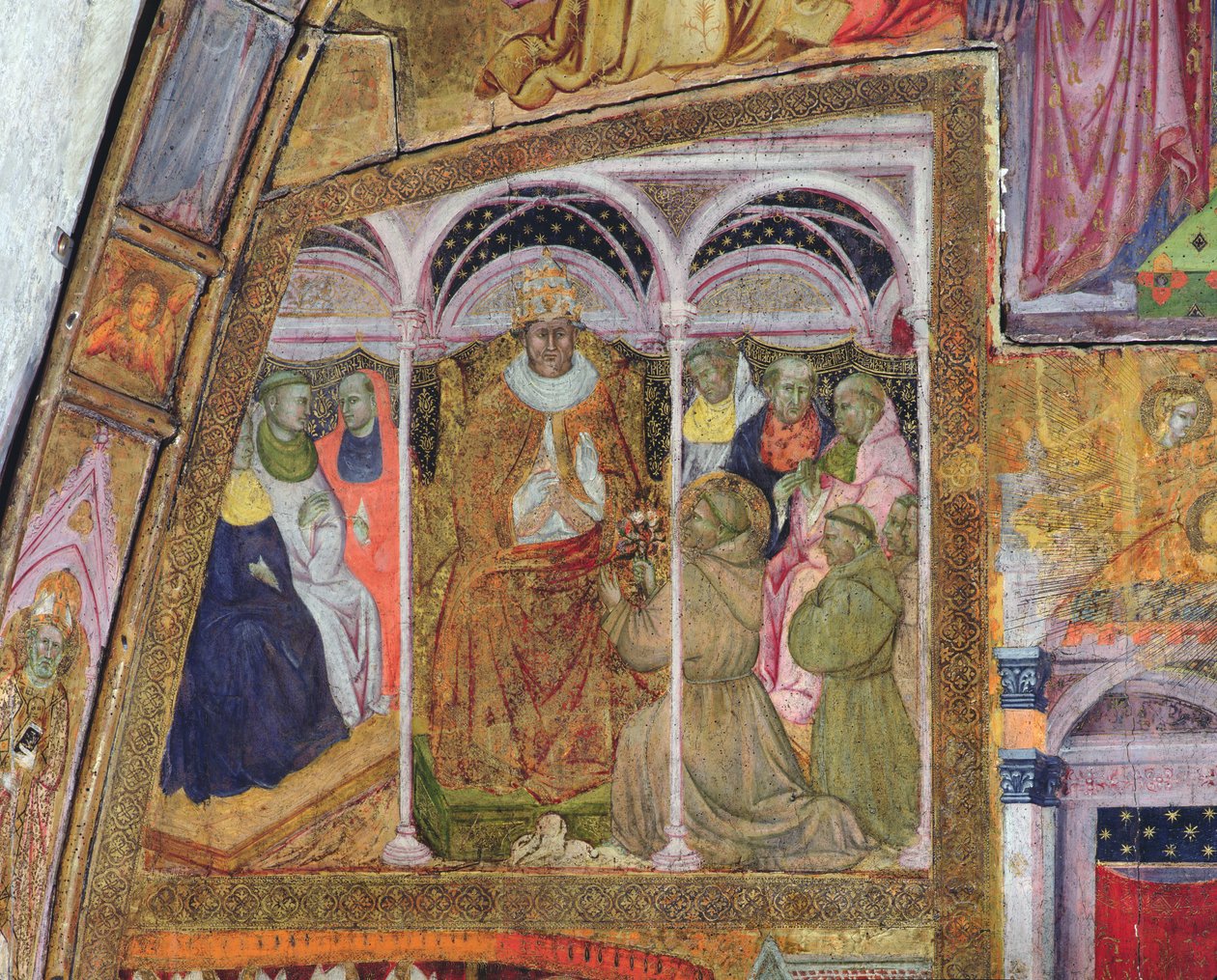 القديس فرنسيس يتوسل البابا هونوريوس الثالث لتأكيد الانغماس ، في الهواء الطلق من Porziuncola ، 1393 بواسطة Ilario da Viterbo
