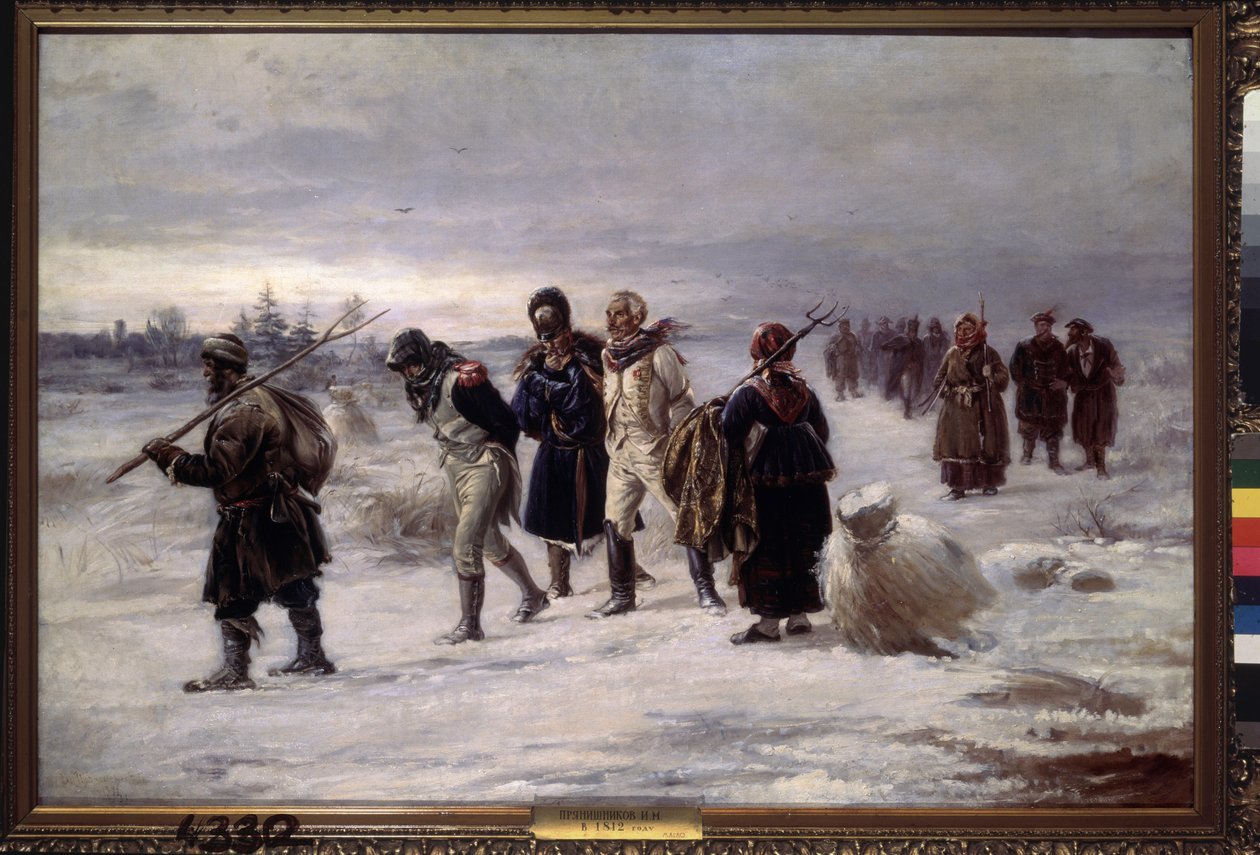 في عام 1812. (الأسرى من جيش نابليون العظيم يسيرون في الثلج ، مرهقين ، برفقة الفلاحين الروس). لوحة إيلاريون ميخائيلوفيتش بريانيشنيكوف (1840-1894) ، زيت على قماش بواسطة إلاريون ميخائيلوفيتش بريانيشنيكوف