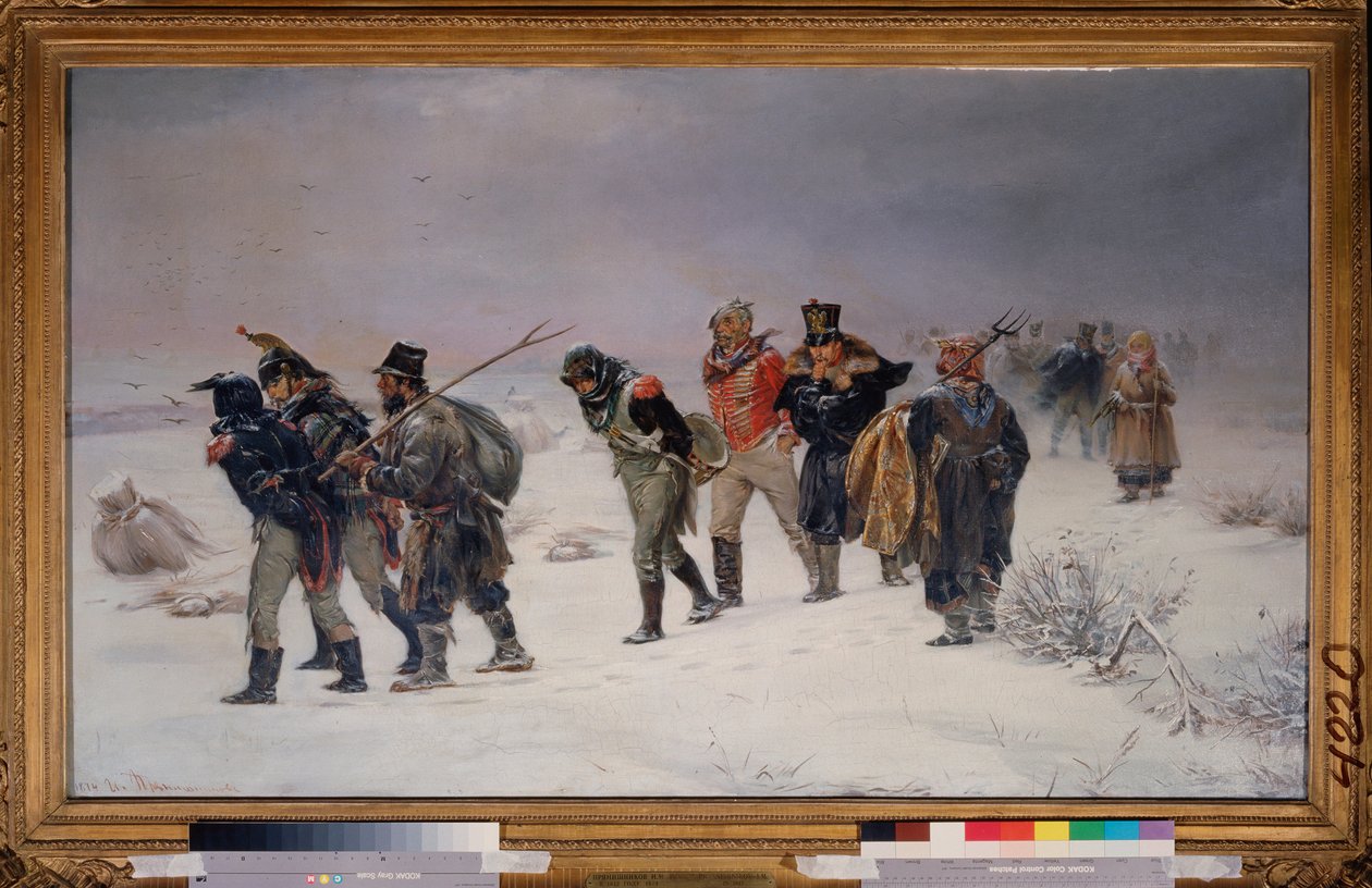 في عام 1812. (الأسرى من جيش نابليون العظيم يمشون في الثلج ، مرهقين ، برفقة الفلاحين الروس). لوحة إيلاريون ميخائيلوفيتش بريانيشنيكوف (1840-1894) ، زيت على قماش بواسطة إلاريون ميخائيلوفيتش بريانيشنيكوف
