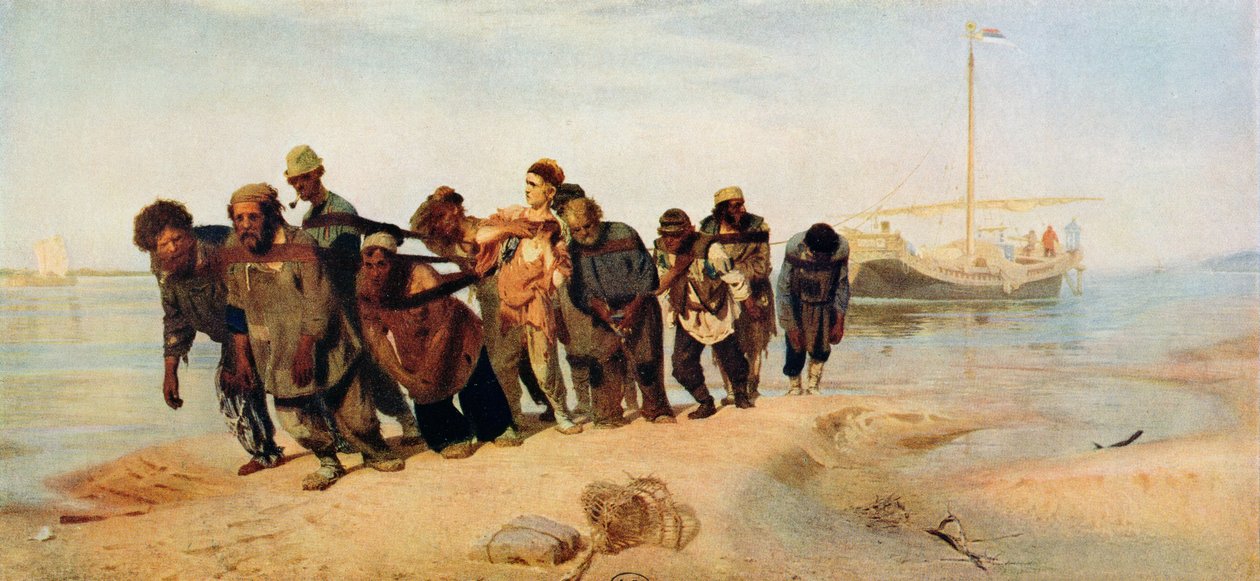 المدانون يسحبون قاربًا على طول نهر الفولجا ، روسيا ، 1873 بواسطة ايليا افيموفيتش ريبين