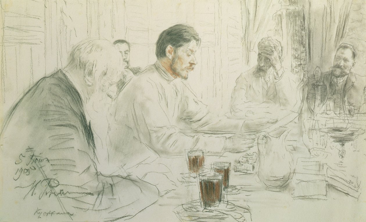 مكسيم غوركي (1868-1936) يقرأ قصيدته ، "أطفال الشمس" ، 1905 (قلم رصاص وطباشير على ورق) بواسطة ايليا افيموفيتش ريبين