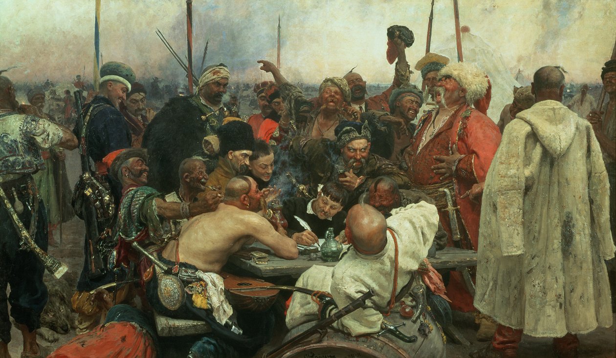 القوزاق زابوروجي كتابة رسالة إلى السلطان التركي ، 1890-1891 بواسطة ايليا افيموفيتش ريبين