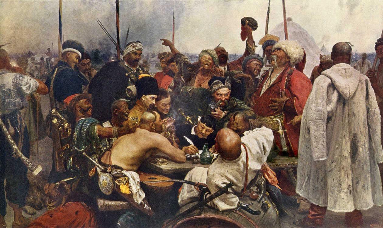 إجابة القوزاق الزابوريون على السلطان محمد الرابع (محمد ، محمد ، محمد ، محمود) (1642-1693) من تركيا نقش القرن التاسع عشر بعد لوحة إيليا ريبين. القوزاق الروس يوجهون رسالة كراهية إلى جيش كونستان التركي بواسطة ايليا افيموفيتش (بعد) ريبين