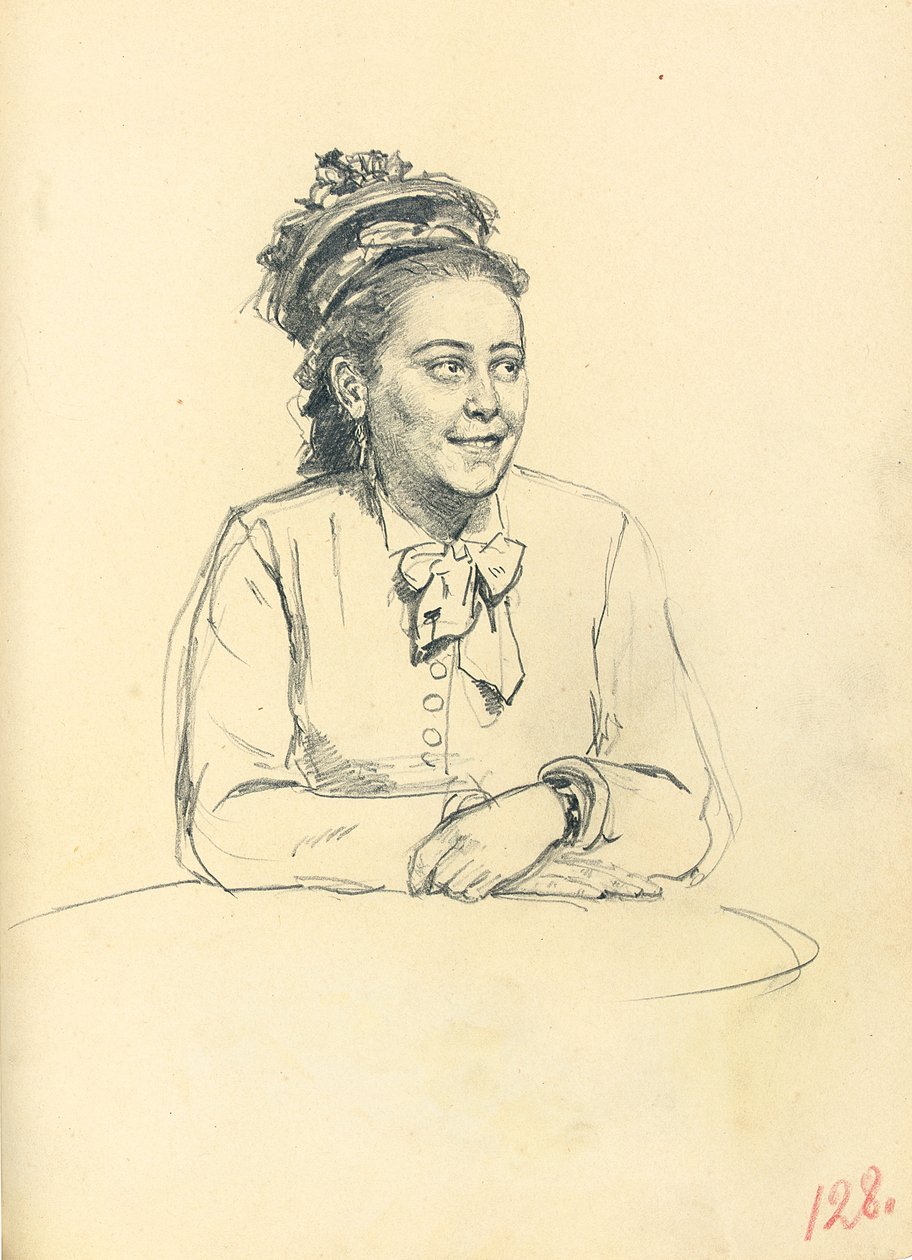 دراسة عن "مقهى باريسي": امرأة جالسة بأقواس وأيدي مطوية ، ج. 1872-1875 بواسطة ايليا افيموفيتش ريبين
