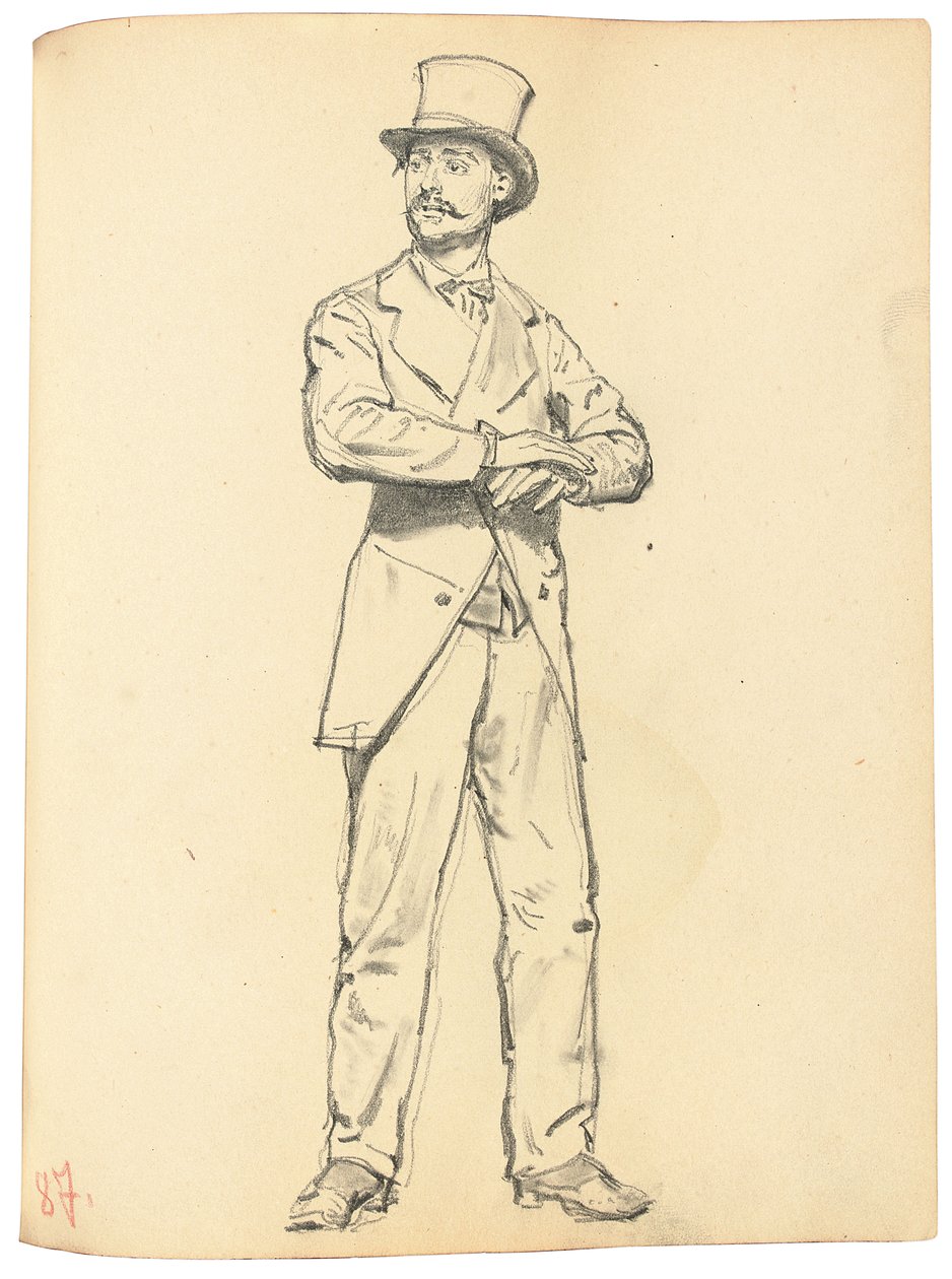 دراسة عن "مقهى باريسي": رجل يقف مع قبعة ، وبصرف النظر الساقين ، ج. 1872-1875 بواسطة ايليا افيموفيتش ريبين