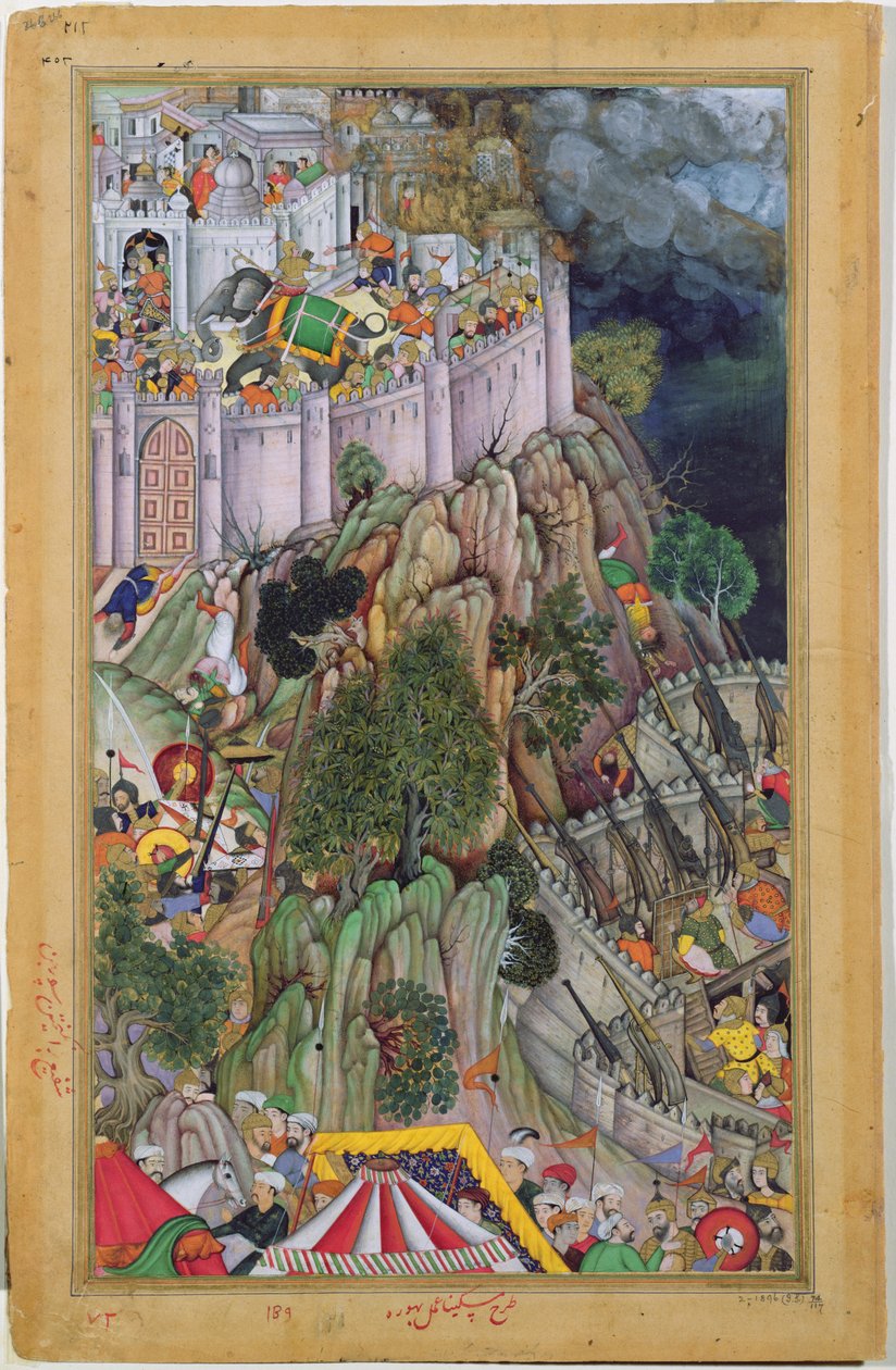 قوات أكبر تحاصر حصن Rai Surjan Hadas من Ranthambhor في راجستان ، في 1569 ، من Akbarnama ، المغول ، c.1590-95 (مرحاض غير شفاف وذهب على ورق) بواسطة المدرسة الهندية