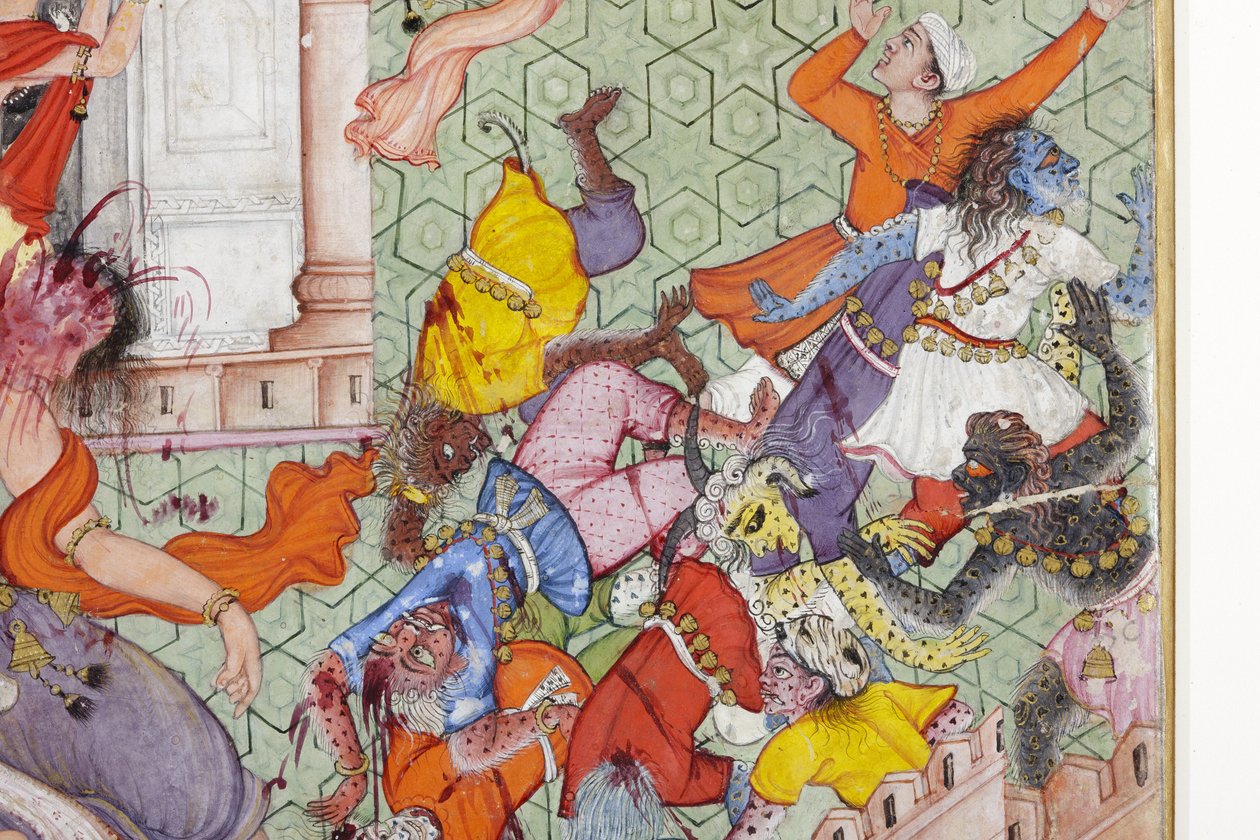 التفاصيل من Krishna Cleaves the Demon Narakasura مع قرصه ، c.1585-90 (مرحاض غير شفاف وذهب على ورق) بواسطة المدرسة الهندية
