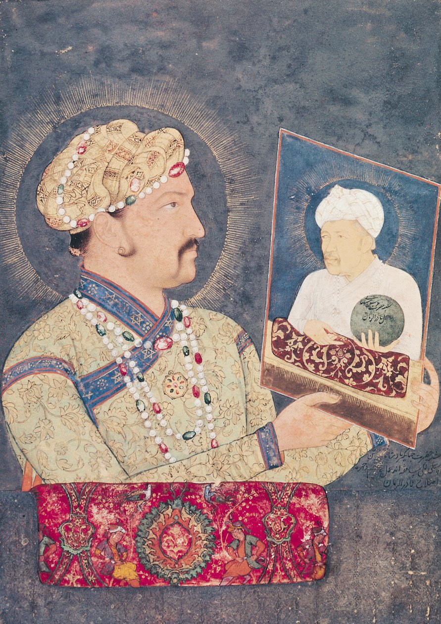 الإمبراطور جهانكير (1569-1627) يحمل صورة للإمبراطور أكبر (1542-1605) بواسطة المدرسة الهندية