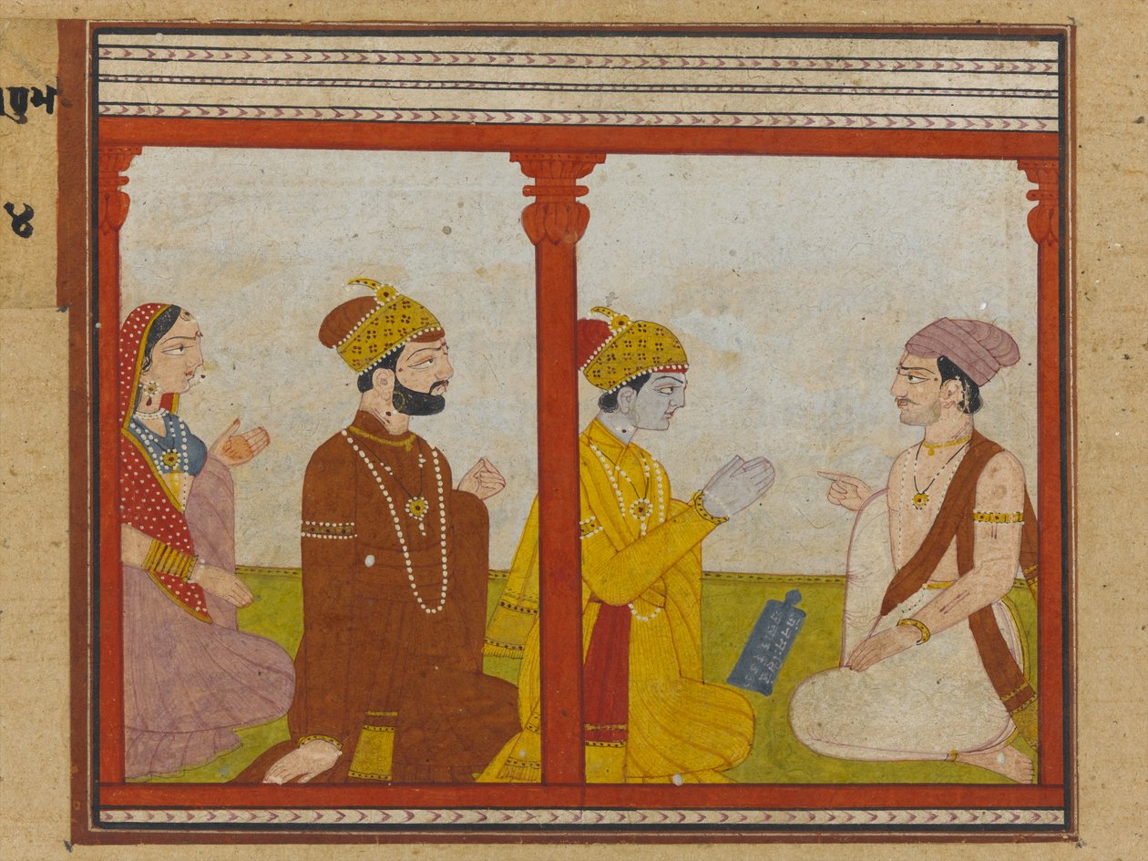 رسم توضيحي من سلسلة Madhu-Malati ، c.1799 (مرحاض غير شفاف وذهب على ورق) بواسطة المدرسة الهندية