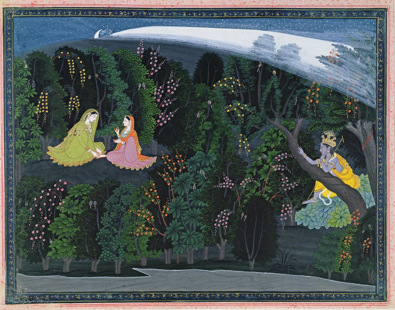 ينظر كريشنا طويلاً في رادها ، رسم توضيحي من سلسلة Lumbagraon Gita Govinda ، c.1820-25 (مرحاض غير شفاف وذهب على ورق) بواسطة المدرسة الهندية