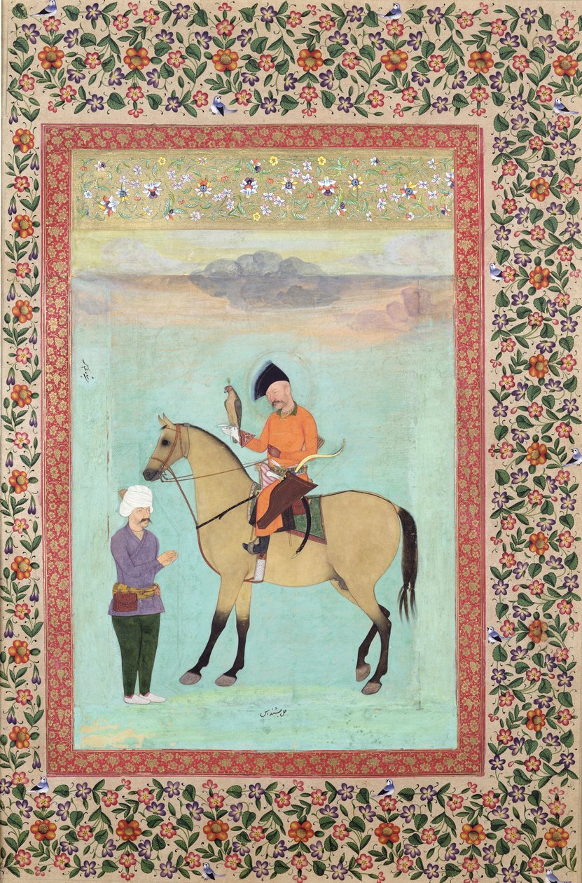 السيدة E-14 شاه عباس (1571-1629) على جواد يحمل صقرًا ، 1620 بواسطة المدرسة الهندية