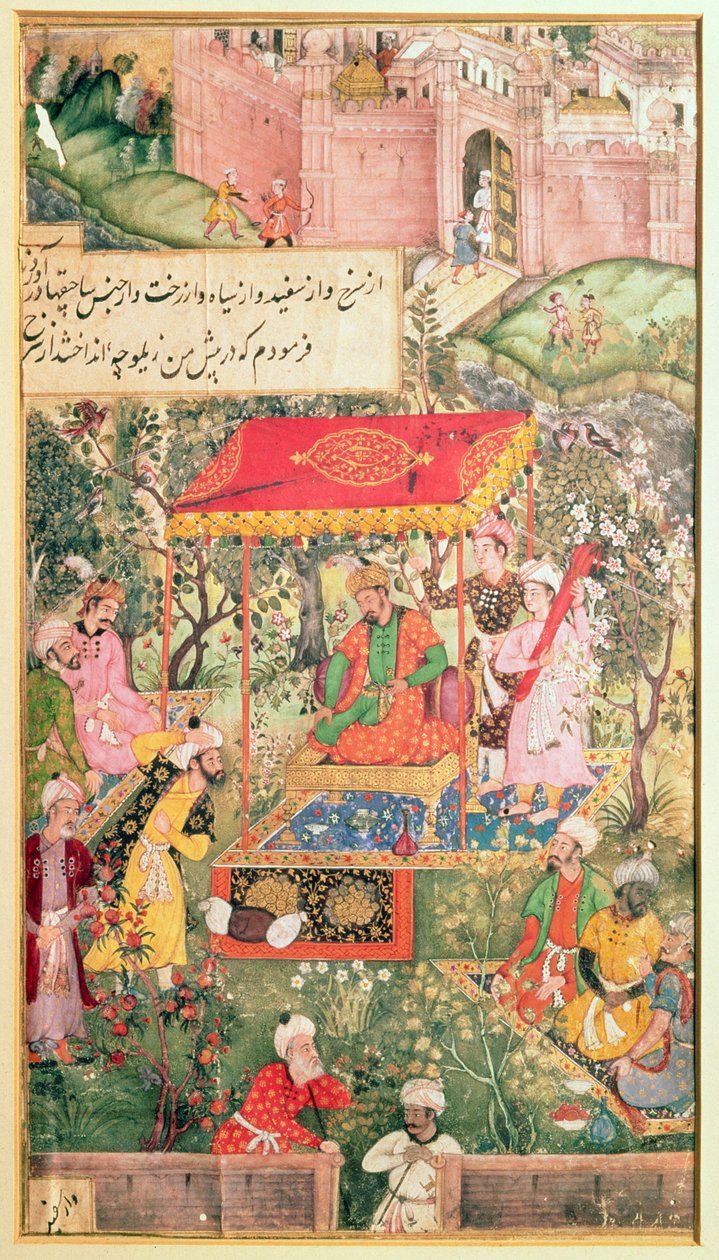 يستقبل الإمبراطور المغولي بابور مبعوثي أوزبيج وروبوت في الحديقة في أغرا في 18 ديسمبر 1528 ، ويجلس الإمبراطور على العرش تحت مظلة. تحصينات أغرا في الخلفية ، بواسطة المدرسة الهندية