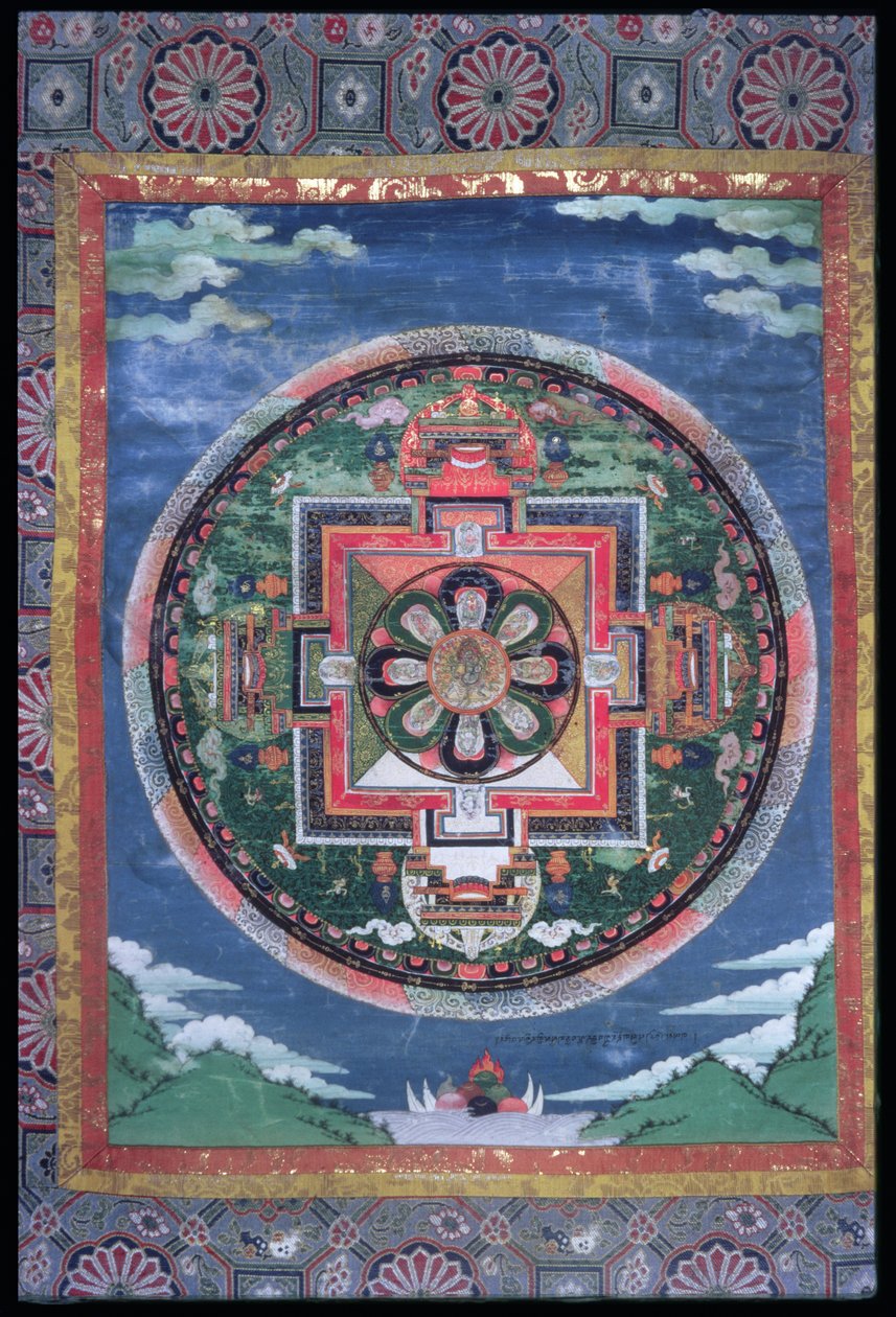الدائرة الصوفيّة في فياغردور (Varjrapani) والأديان الثمانية مع أربعة حراس ، Mandala Vajrapani ، c.1849 (الحرير المطلي والنسيج) بواسطة المدرسة الهندية