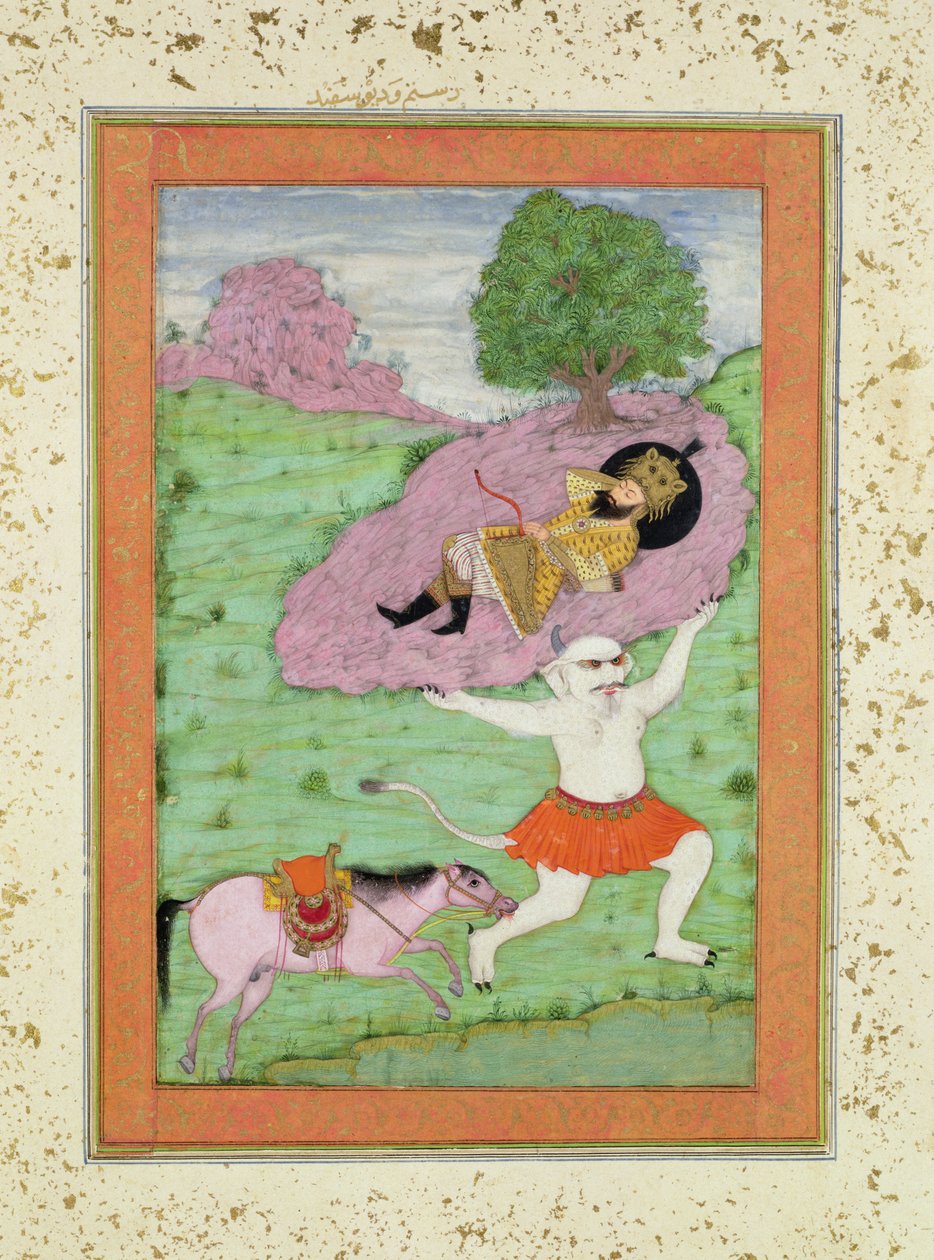 الشيطان الأبيض يحمل رستم النائم ، رسم توضيحي من "كتاب الملوك" ، لأبي القاسم مانور فردوسي (c.934-c.1020) ، ألبوم Clive الكبير بواسطة المدرسة الهندية