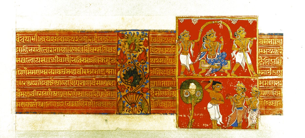مشهدان من Kalpasutra ، Mandu ، 1439 (الغواش والذهب على الورق) بواسطة المدرسة الهندية