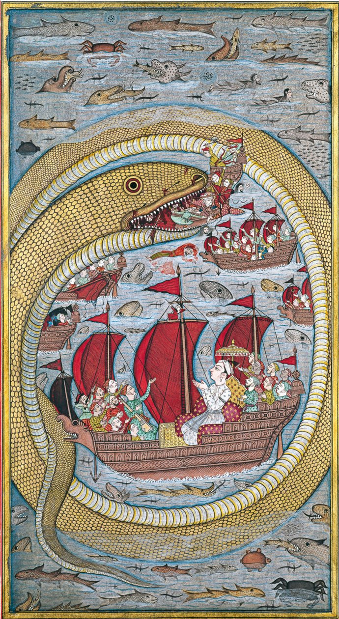 ثعبان البحر يبتلع الأسطول الملكي ، 1670 بواسطة الفن الهندي