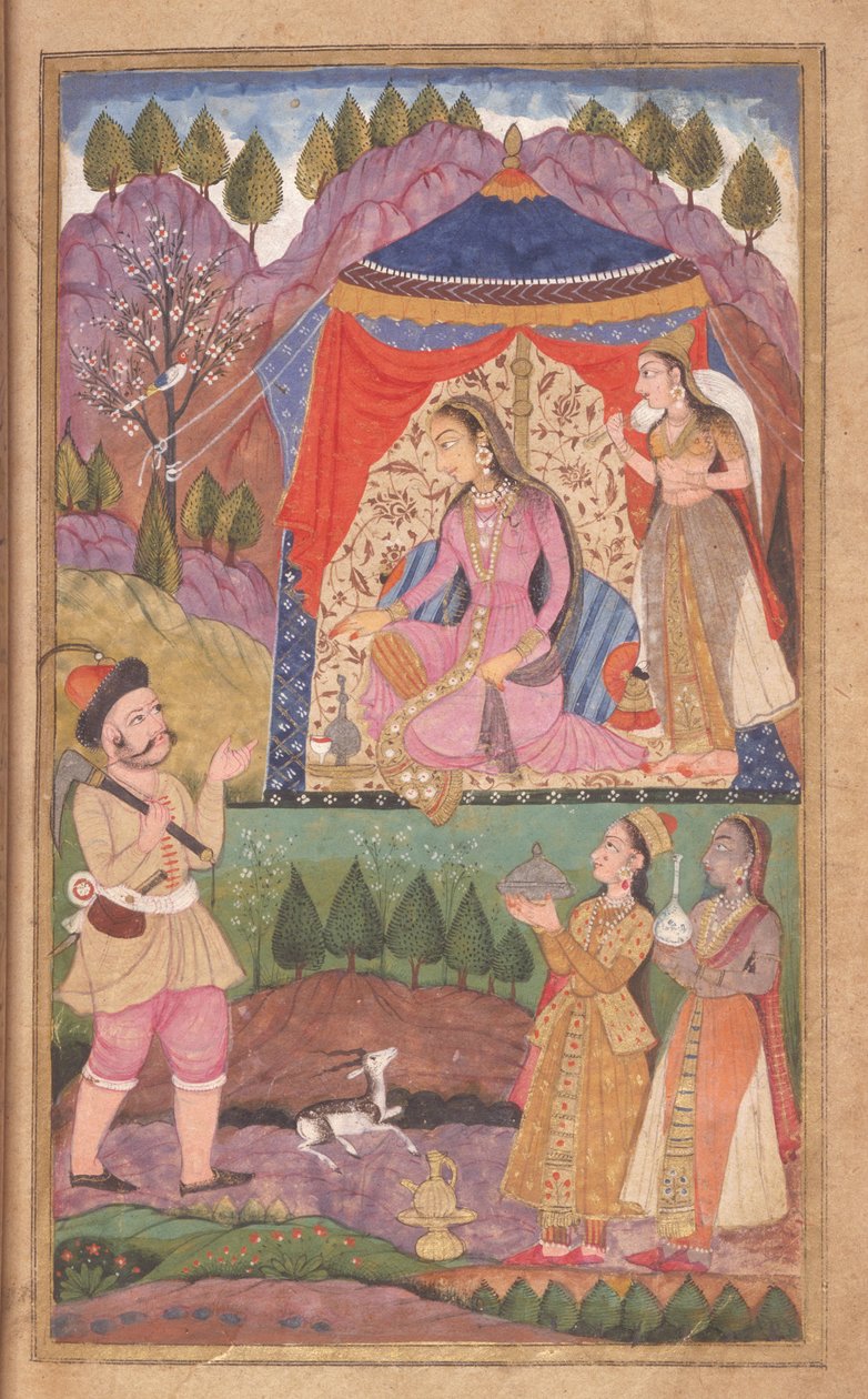 48.62 الورقة 138 فرهاد يروي مغامراته إلى الأميرة شيرين ، من خسرو وشيرين ، مدرسة ديكاني ، 1722 بواسطة المدرسة الهندية