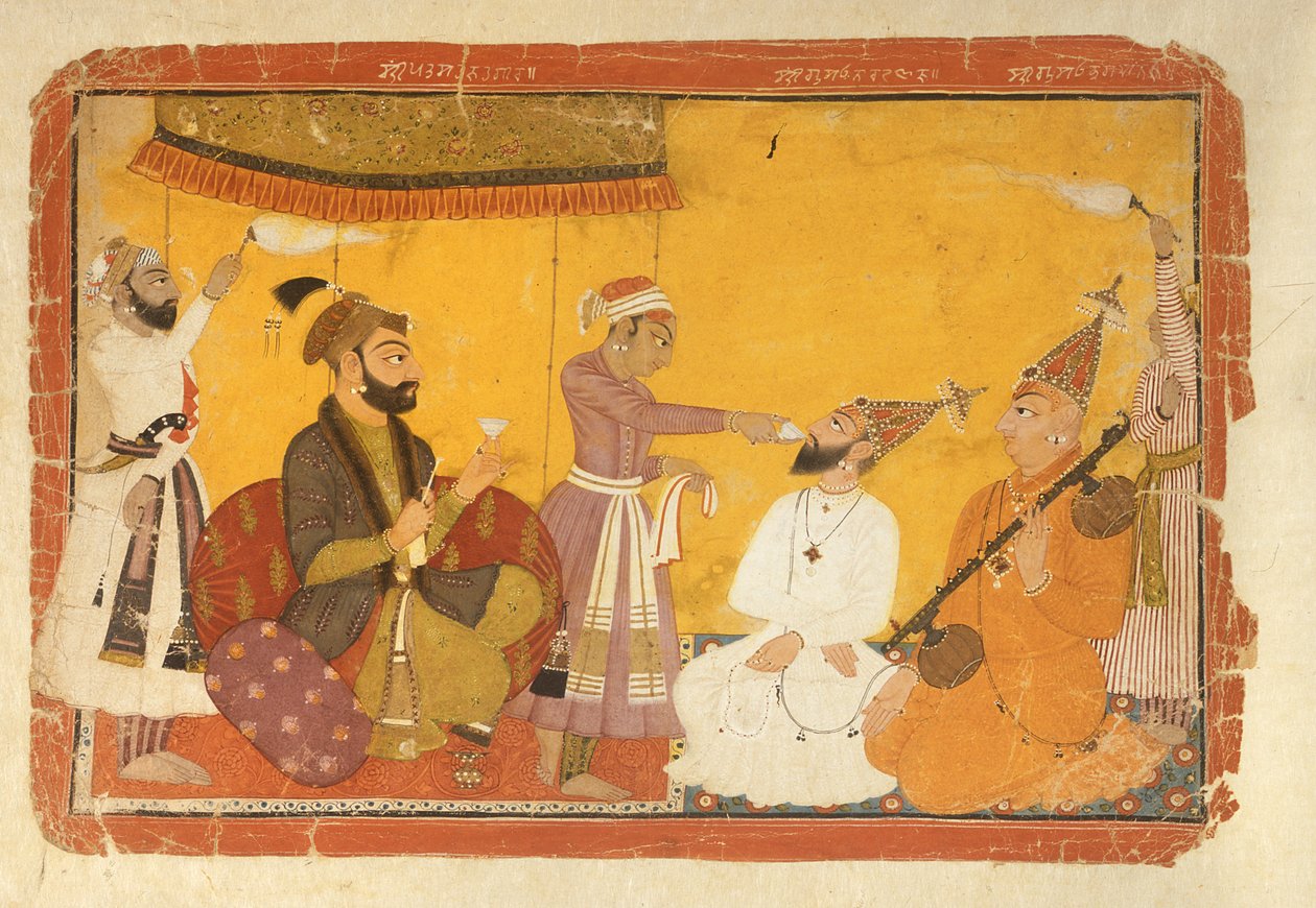7.110359 غوسين نارايان تسمم بحضور الإمبراطور جهانكير ، نوربور ، مدرسة باهاري ، 1725 بواسطة المدرسة الهندية