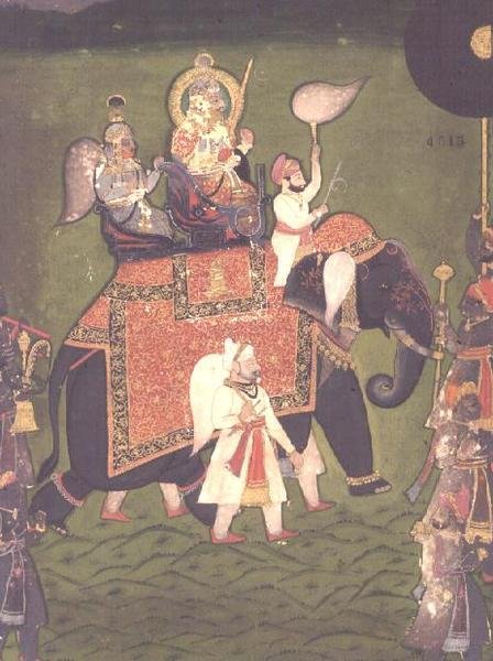 AS10 الألبوم 43 رقم 4515 رانا جوان سينغ (1828-38) من Mewar يركب على فيل كاباريسونيد ، حوالي 1835 (ألوان مائية غير شفافة) بواسطة المدرسة الهندية
