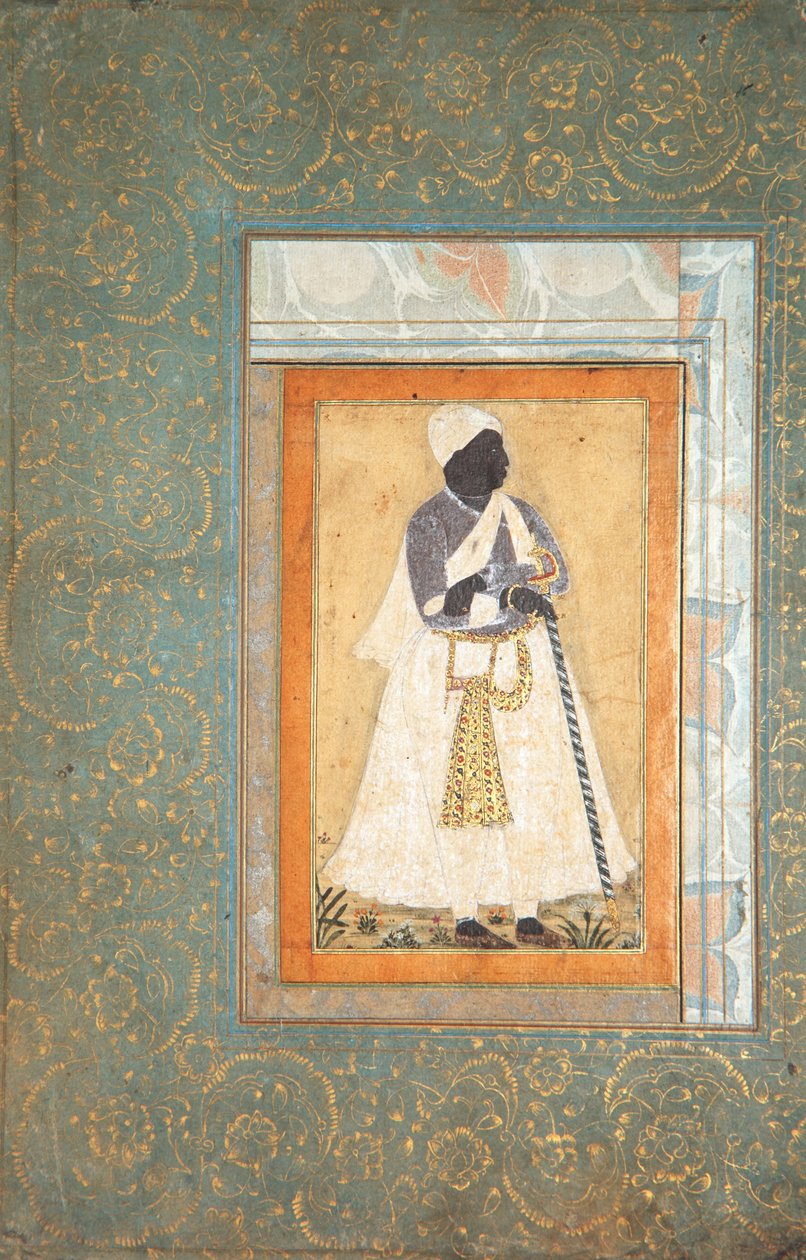 رجل أسود يتكئ على طاقم طويل ، c.1682 (مرحاض غير شفاف وذهب على ورق) بواسطة المدرسة الهندية