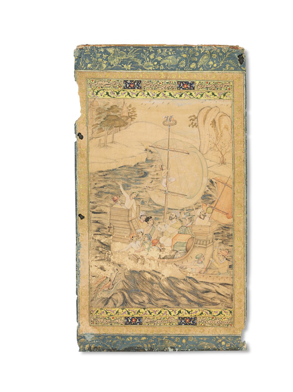 كارافيل هاجمه وحش البحر ، موغال الهند ، حوالي عام 1590 (أصباغ غير شفافة مزينة بالذهب والفضة على الورق) بواسطة المدرسة الهندية