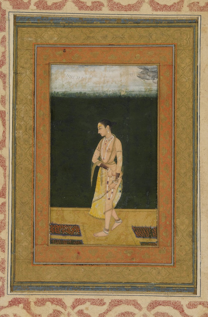 سيدة تسير في حديقة ، ألبوم ألبوم مع لوحة ، c.1730 بواسطة المدرسة الهندية