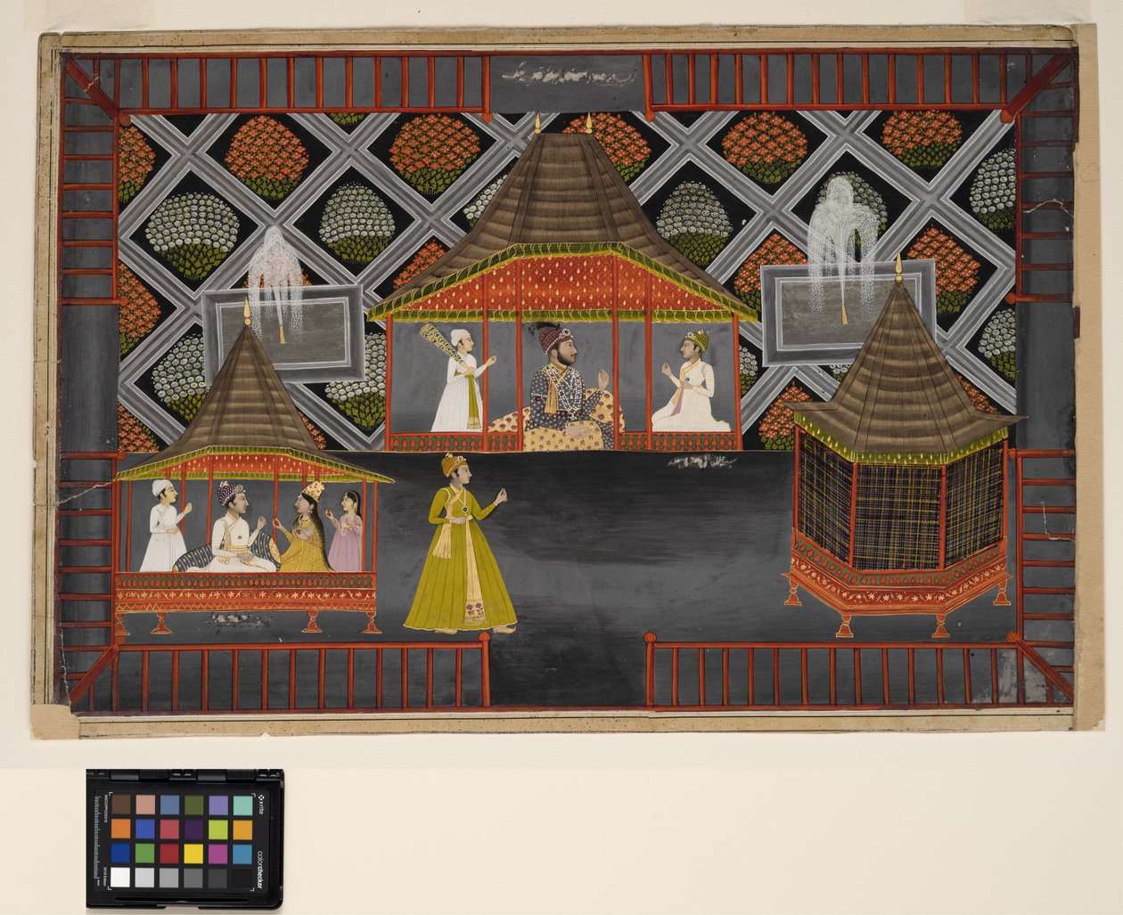 نواب وأبناؤه في جناح حديقة حوالي عام 1770 (معتم بدون شفّاف وفضي وذهبي على ورق) بواسطة المدرسة الهندية